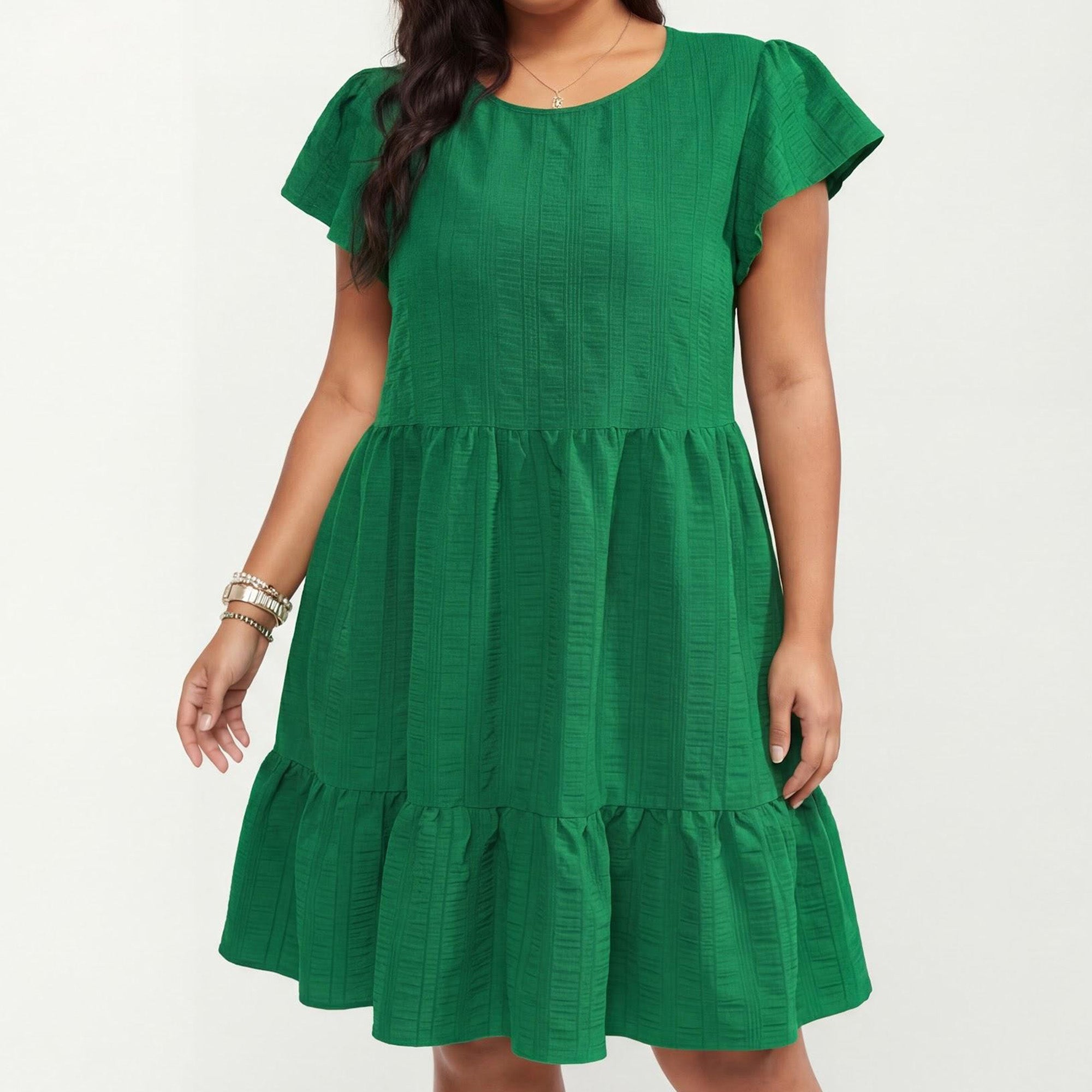 Anna-Kaci Women's Plus Size Short Sleeve Textured Dress with Crew Neck Tiered Skirt Ruffle Sleeve Detail