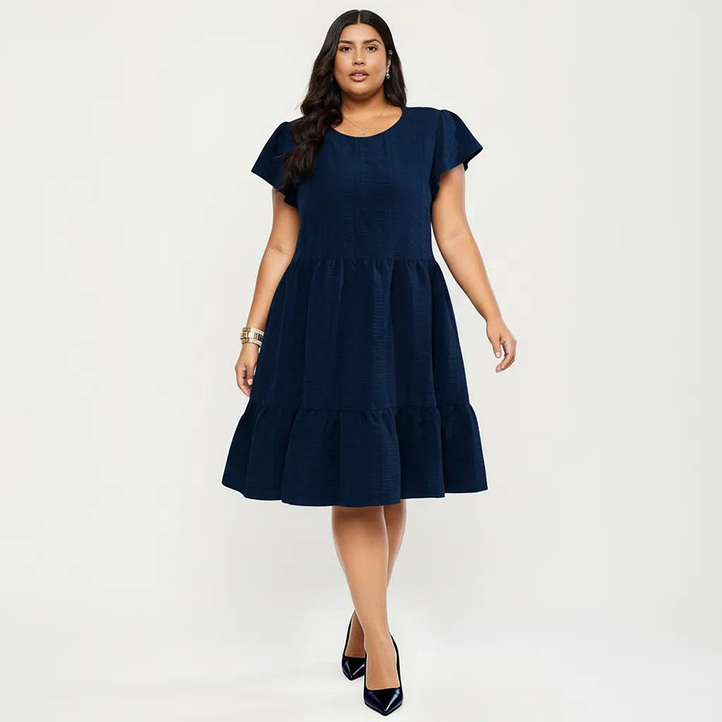 Anna-Kaci Women's Plus Size Short Sleeve Textured Dress with Crew Neck Tiered Skirt Ruffle Sleeve Detail