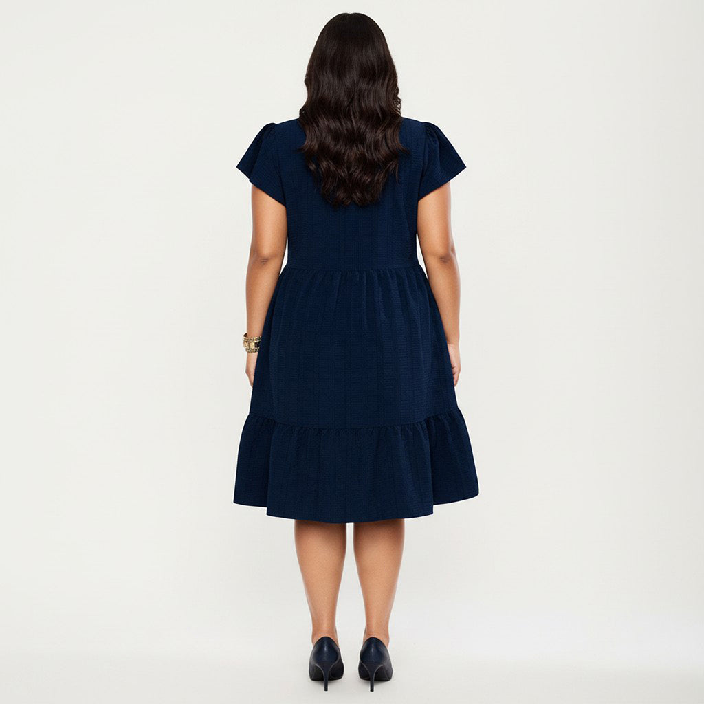 Anna-Kaci Women's Plus Size Short Sleeve Textured Dress with Crew Neck Tiered Skirt Ruffle Sleeve Detail