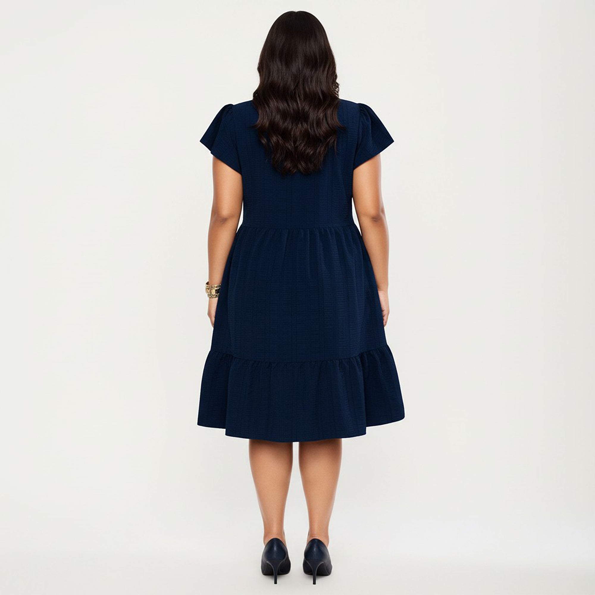 Anna-Kaci Women's Plus Size Short Sleeve Textured Dress with Crew Neck Tiered Skirt Ruffle Sleeve Detail