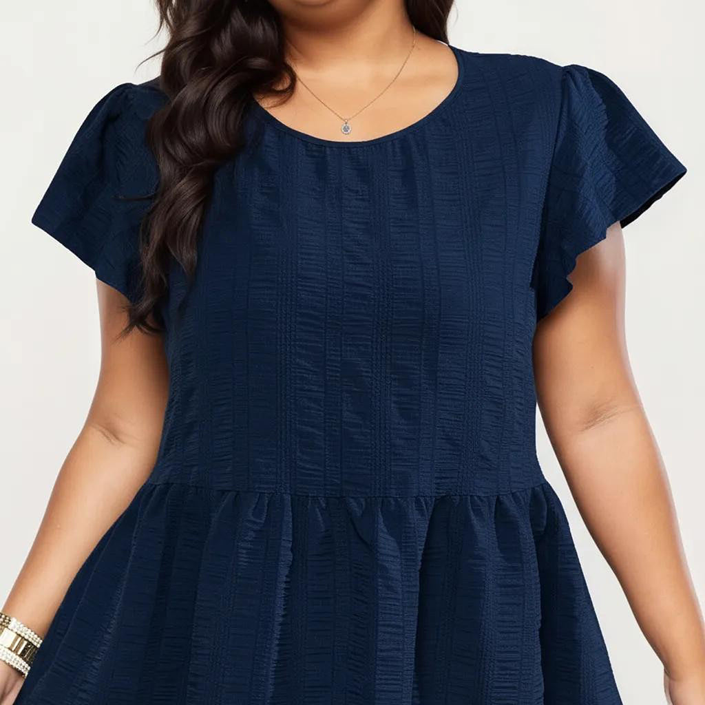 Anna-Kaci Women's Plus Size Short Sleeve Textured Dress with Crew Neck Tiered Skirt Ruffle Sleeve Detail
