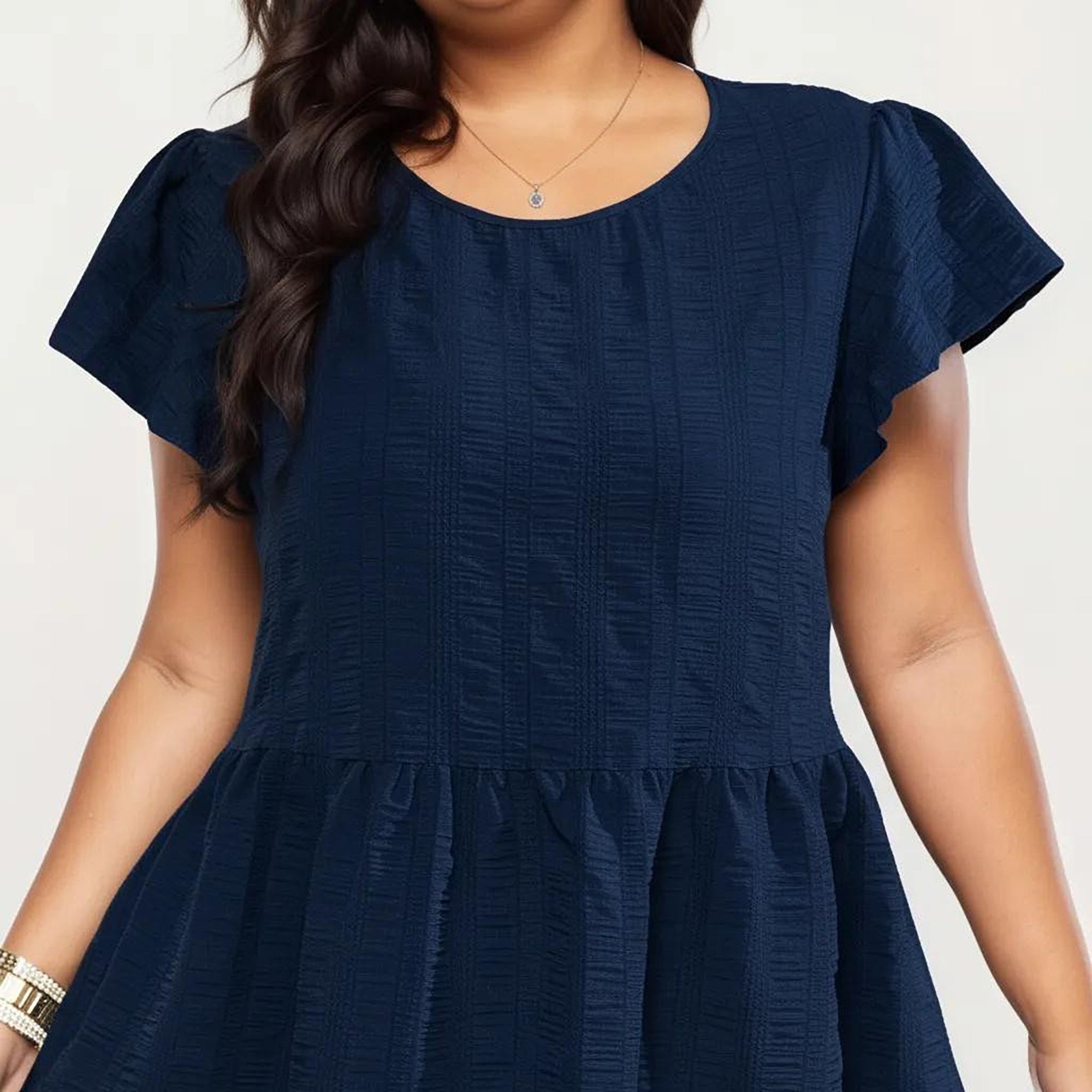 Anna-Kaci Women's Plus Size Short Sleeve Textured Dress with Crew Neck Tiered Skirt Ruffle Sleeve Detail