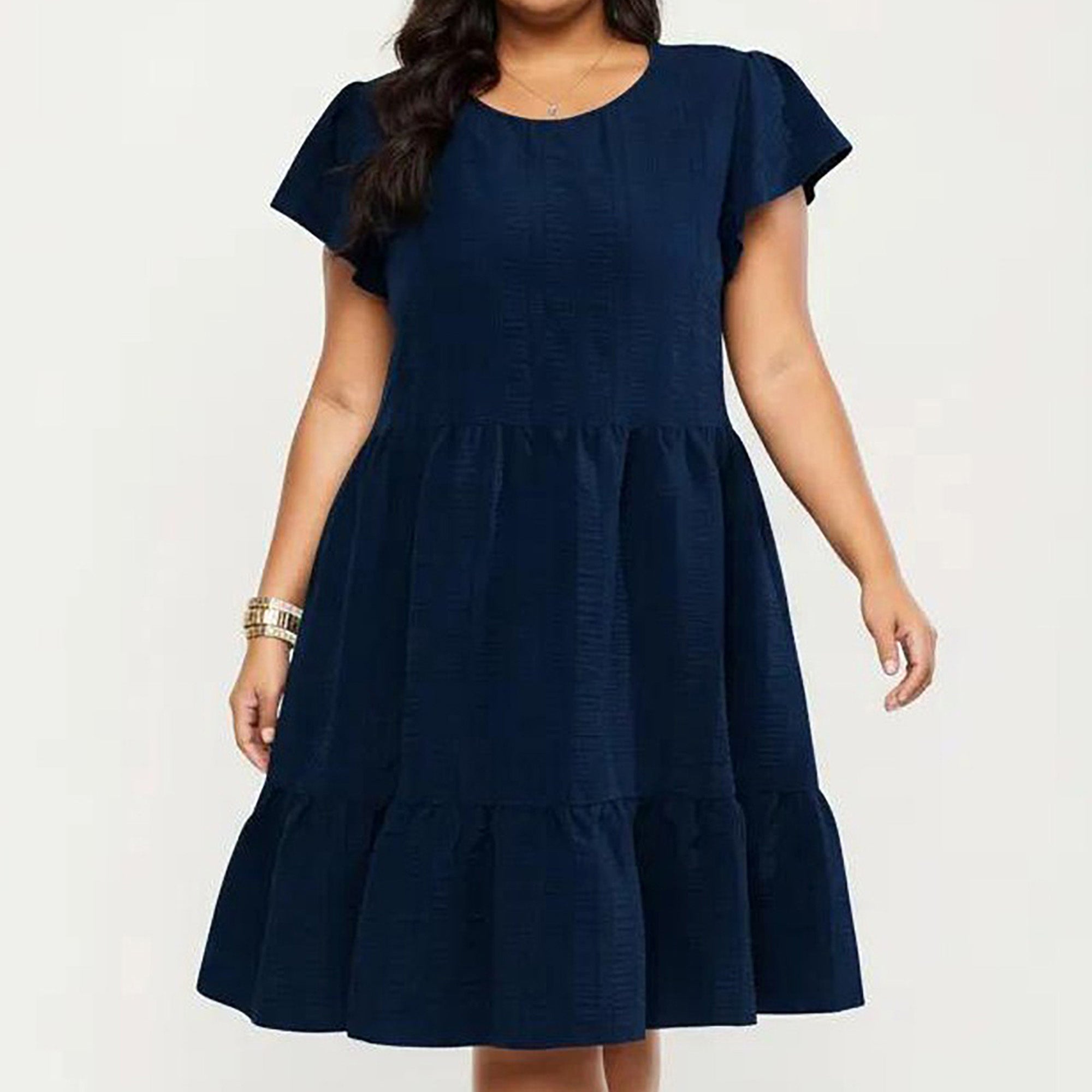 Anna-Kaci Women's Plus Size Short Sleeve Textured Dress with Crew Neck Tiered Skirt Ruffle Sleeve Detail