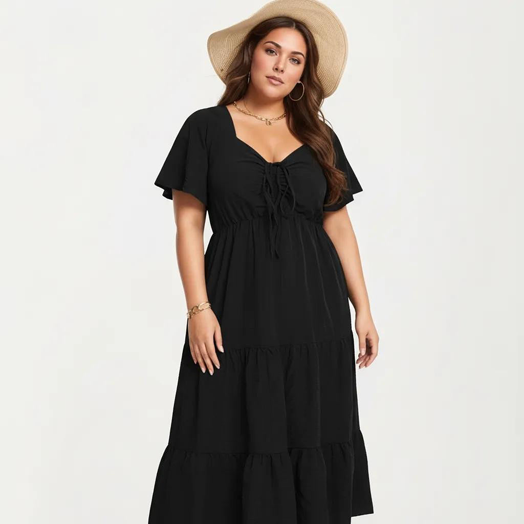 Anna-Kaci Women's Plus Size Short Sleeve V Neck Dress with Front Tie Detail Elastic Waist Tiered Maxi Skirt
