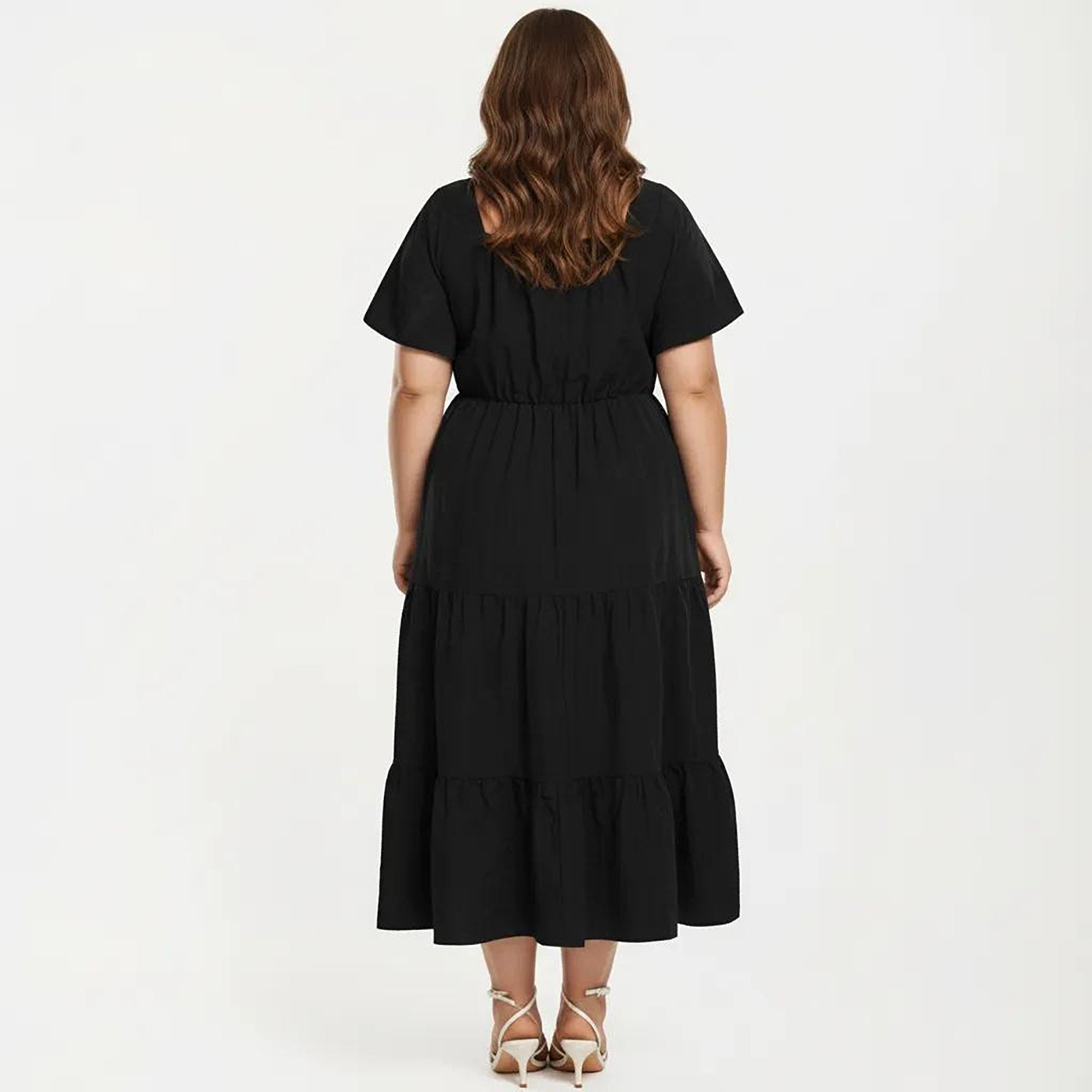 Anna-Kaci Women's Plus Size Short Sleeve V Neck Dress with Front Tie Detail Elastic Waist Tiered Maxi Skirt