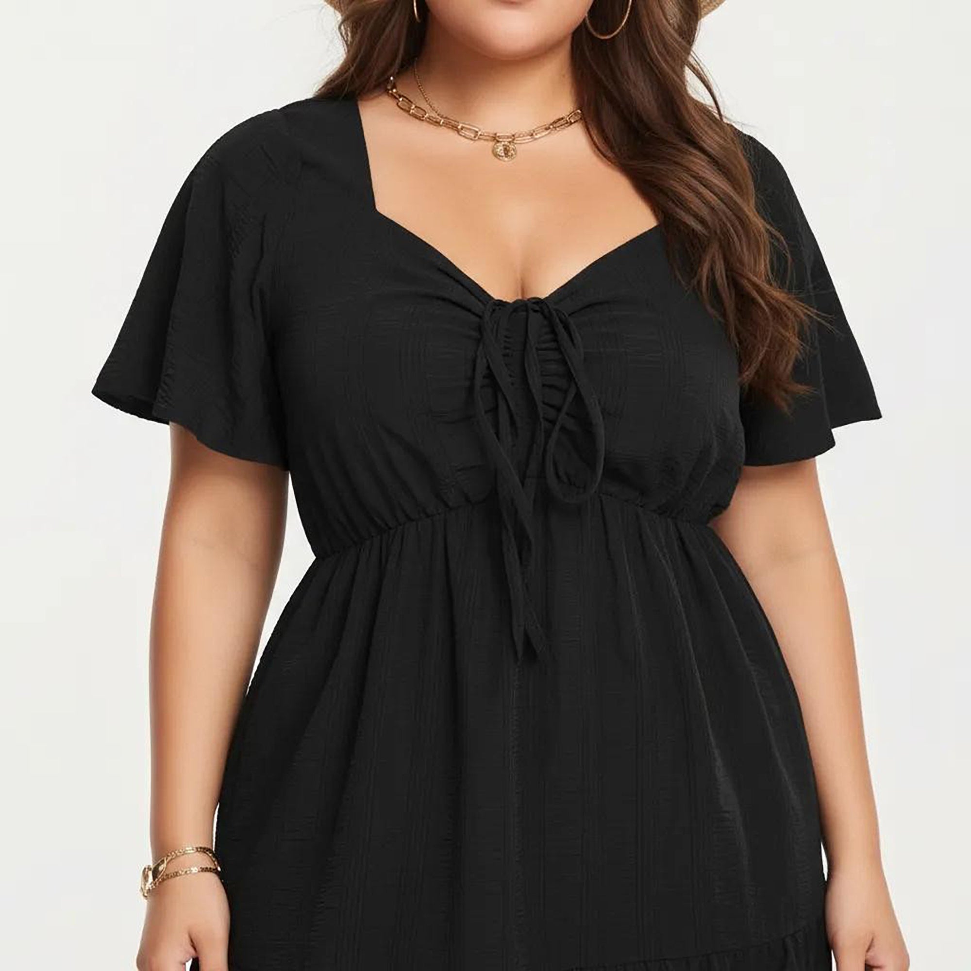 Anna-Kaci Women's Plus Size Short Sleeve V Neck Dress with Front Tie Detail Elastic Waist Tiered Maxi Skirt