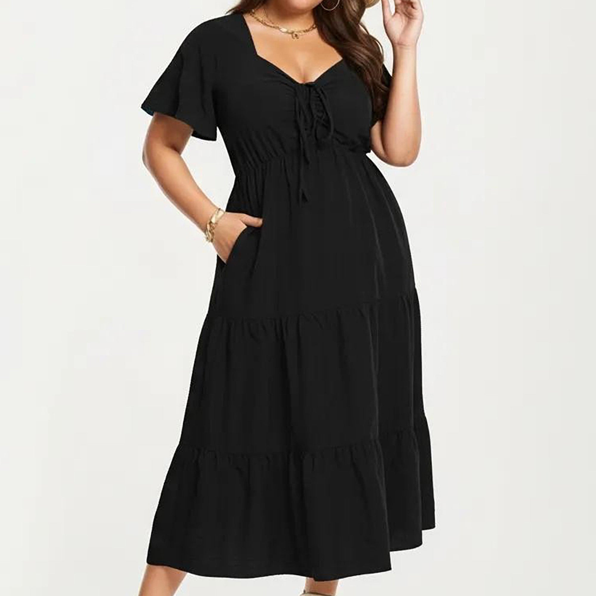 Anna-Kaci Women's Plus Size Short Sleeve V Neck Dress with Front Tie Detail Elastic Waist Tiered Maxi Skirt
