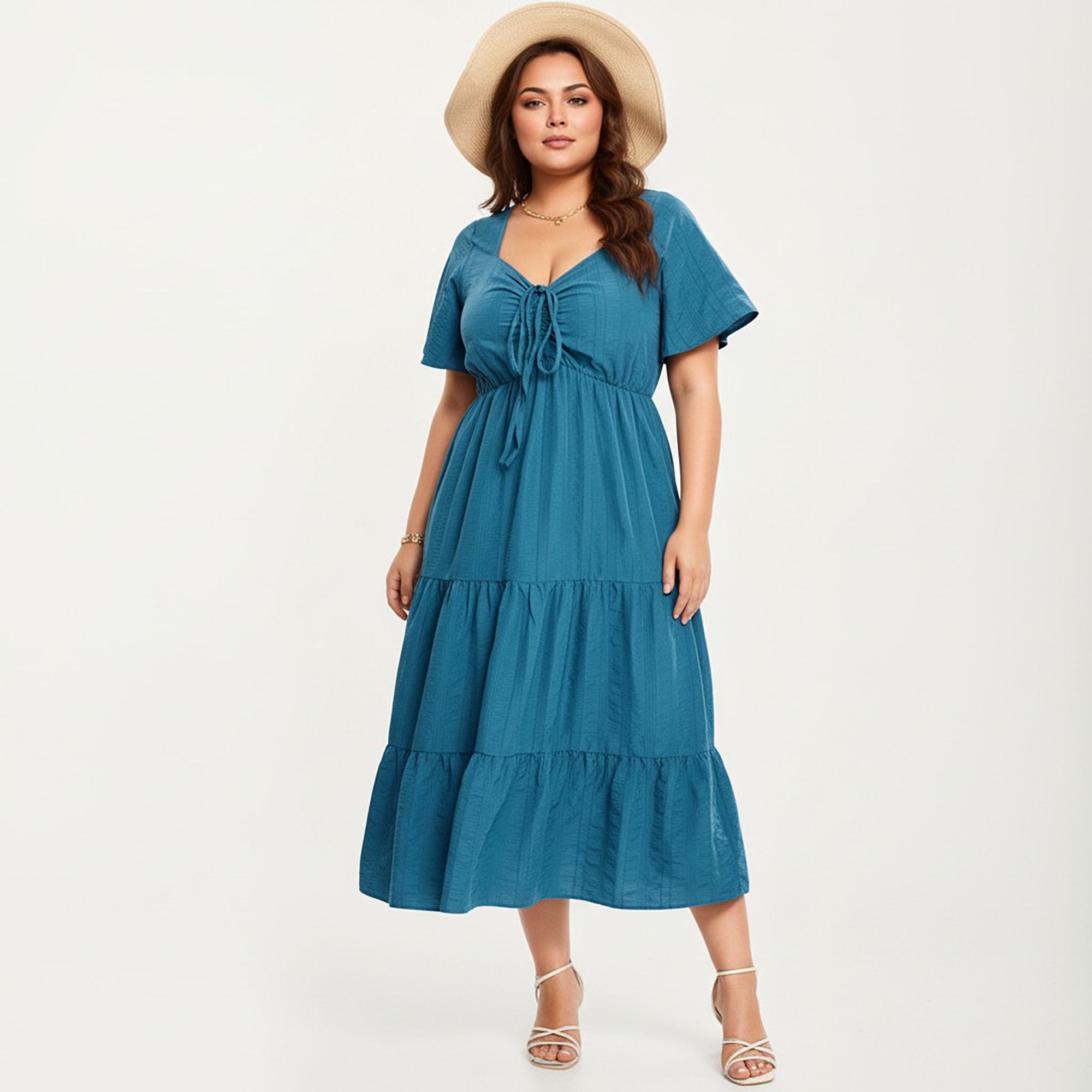 Anna-Kaci Women's Plus Size Short Sleeve V Neck Dress with Front Tie Detail Elastic Waist Tiered Maxi Skirt