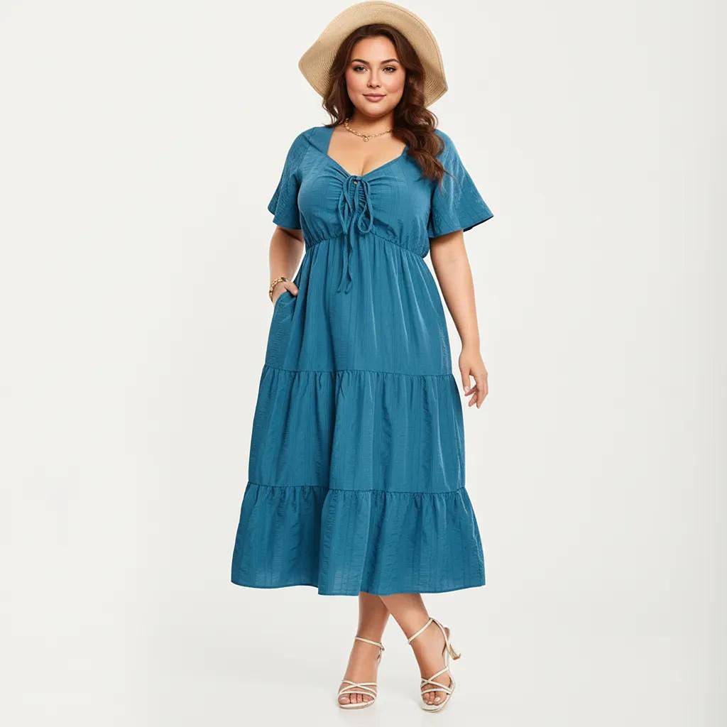 Anna-Kaci Women's Plus Size Short Sleeve V Neck Dress with Front Tie Detail Elastic Waist Tiered Maxi Skirt