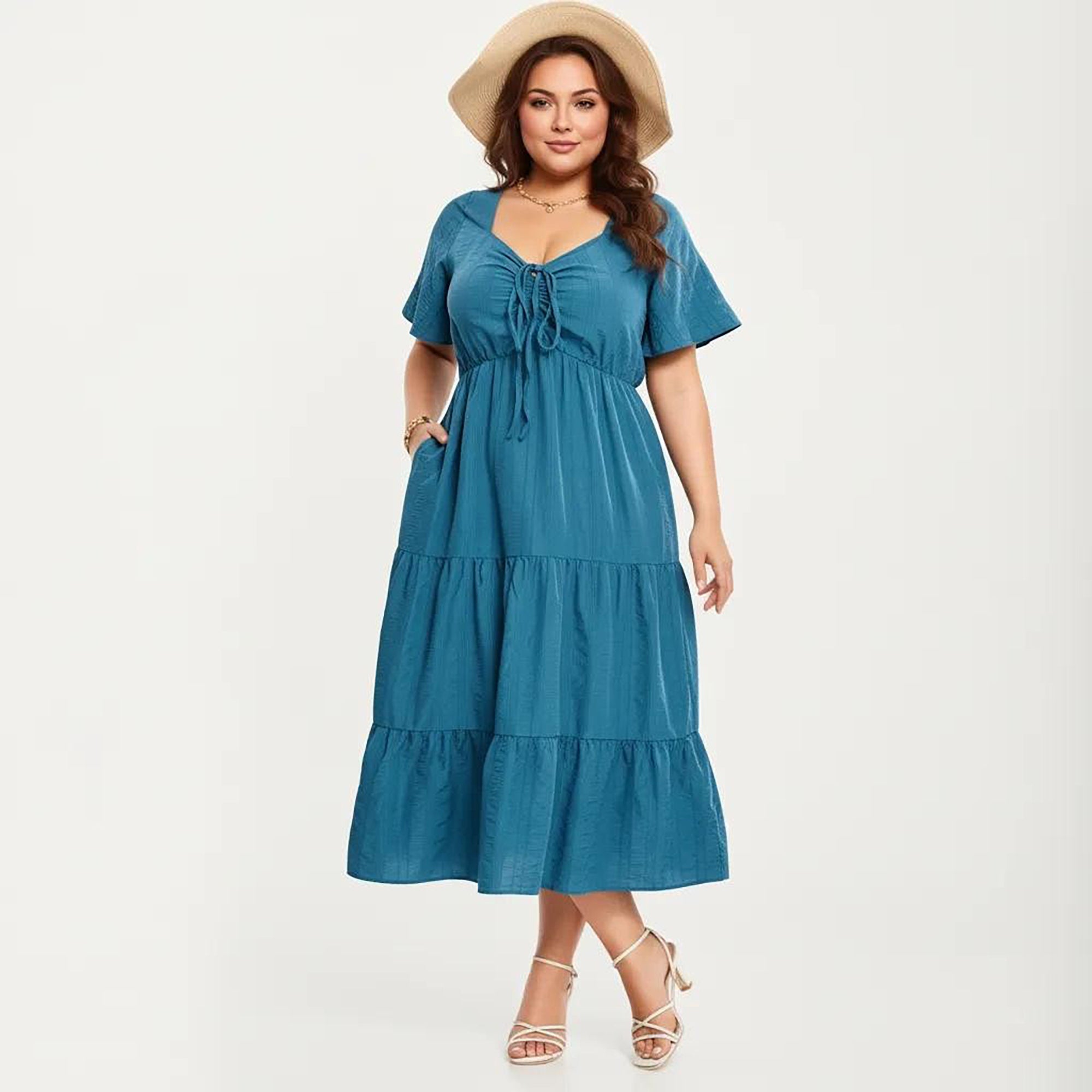 Anna-Kaci Women's Plus Size Short Sleeve V Neck Dress with Front Tie Detail Elastic Waist Tiered Maxi Skirt