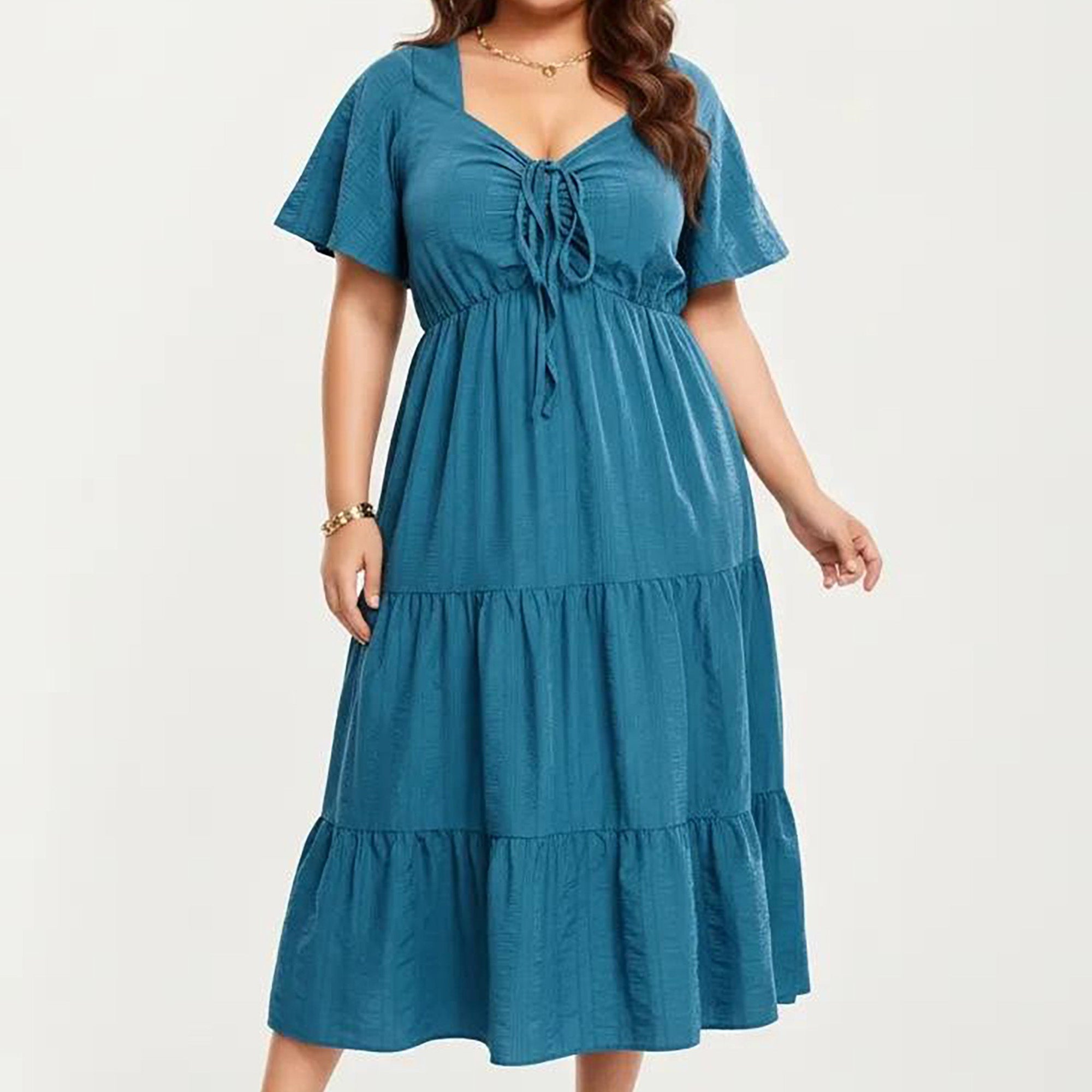 Anna-Kaci Women's Plus Size Short Sleeve V Neck Dress with Front Tie Detail Elastic Waist Tiered Maxi Skirt