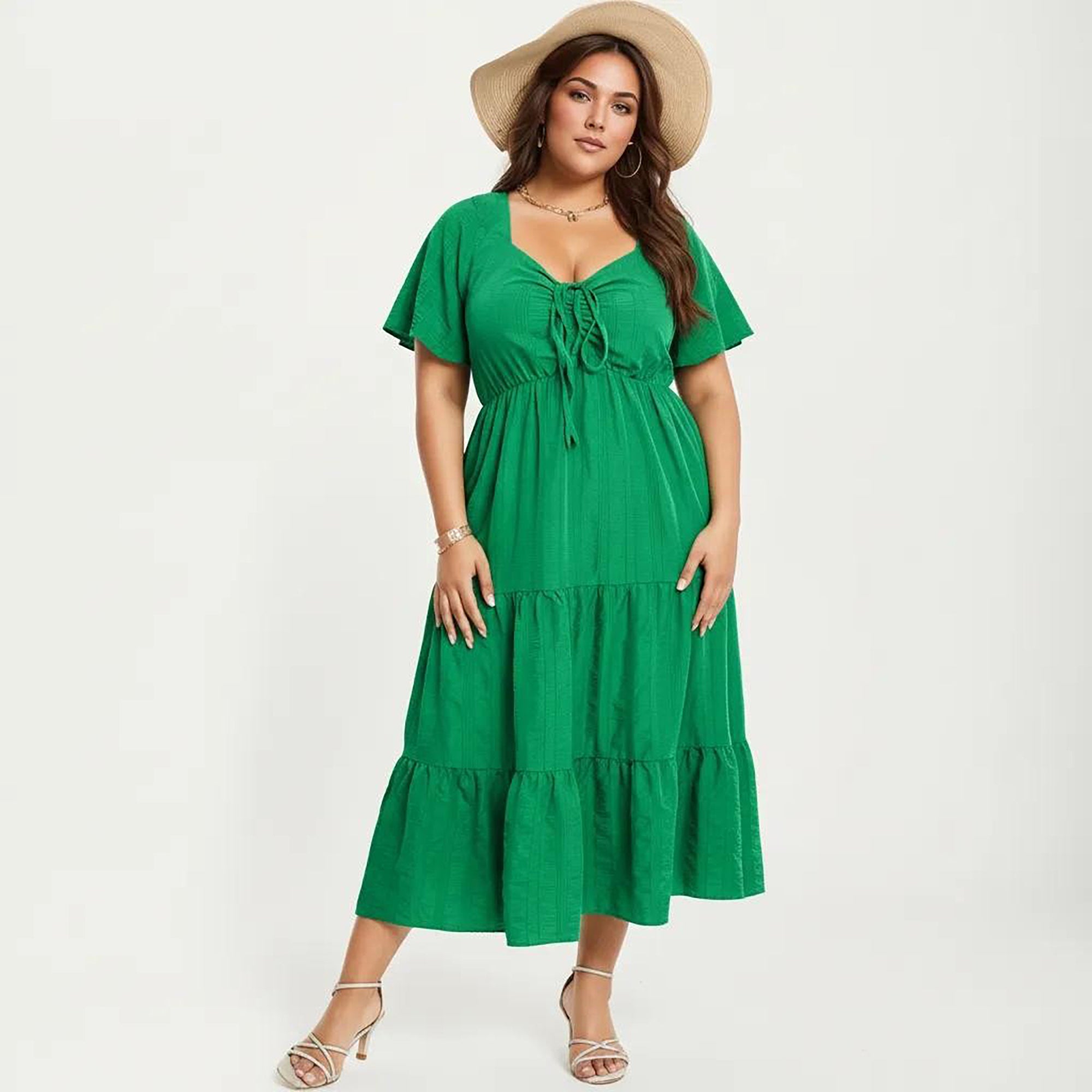 Anna-Kaci Women's Plus Size Short Sleeve V Neck Dress with Front Tie Detail Elastic Waist Tiered Maxi Skirt