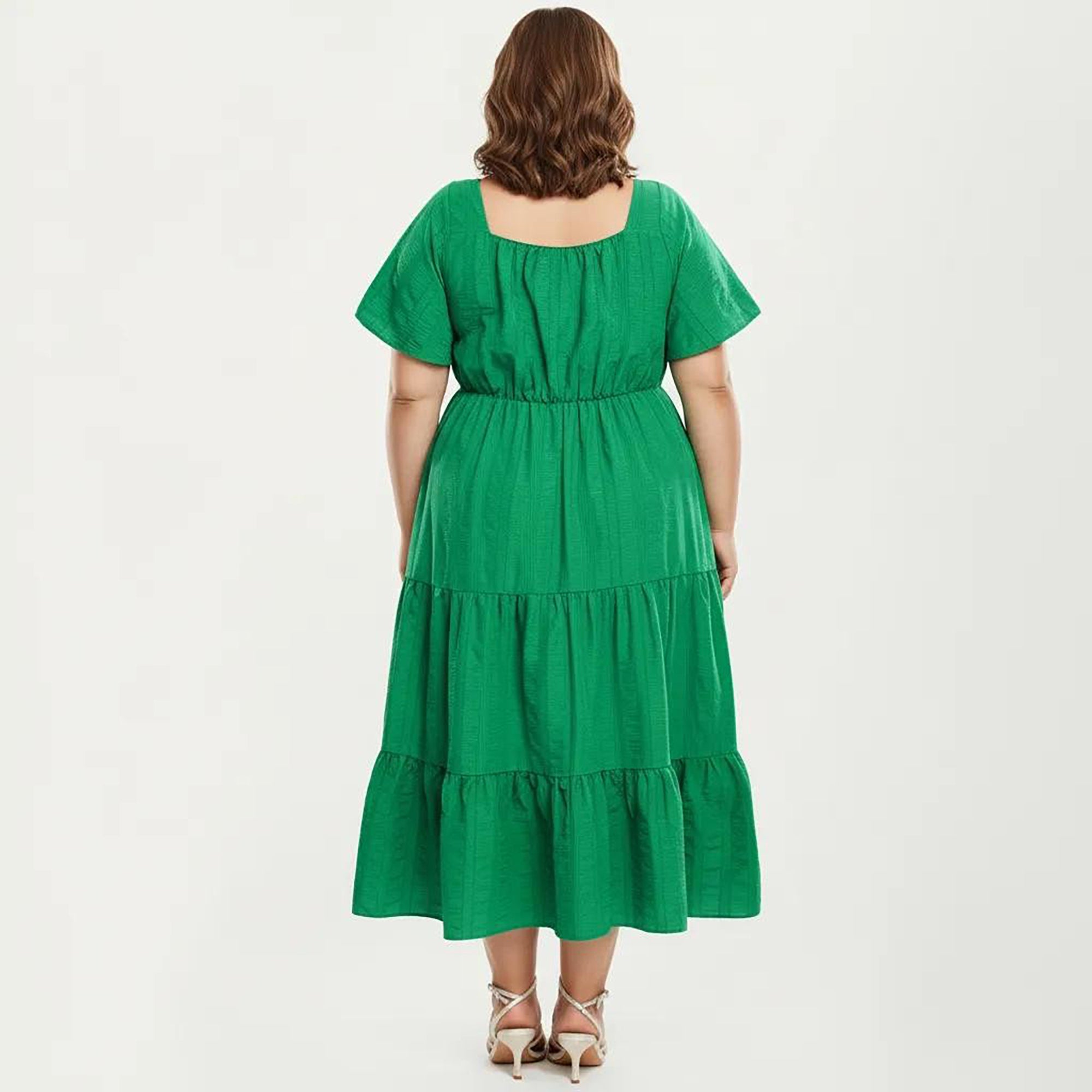 Anna-Kaci Women's Plus Size Short Sleeve V Neck Dress with Front Tie Detail Elastic Waist Tiered Maxi Skirt