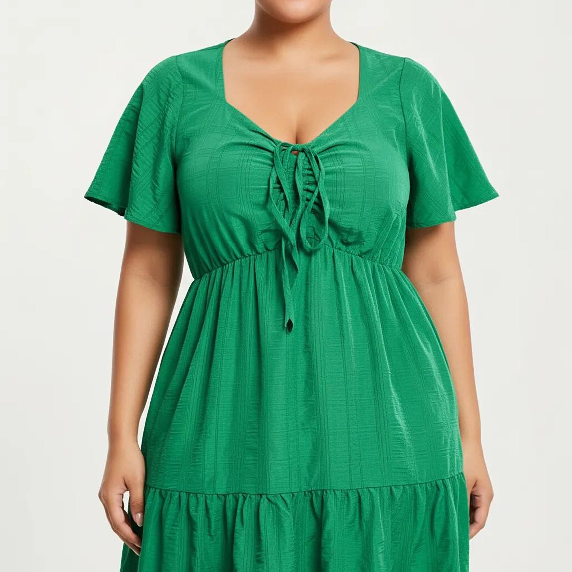 Anna-Kaci Women's Plus Size Short Sleeve V Neck Dress with Front Tie Detail Elastic Waist Tiered Maxi Skirt