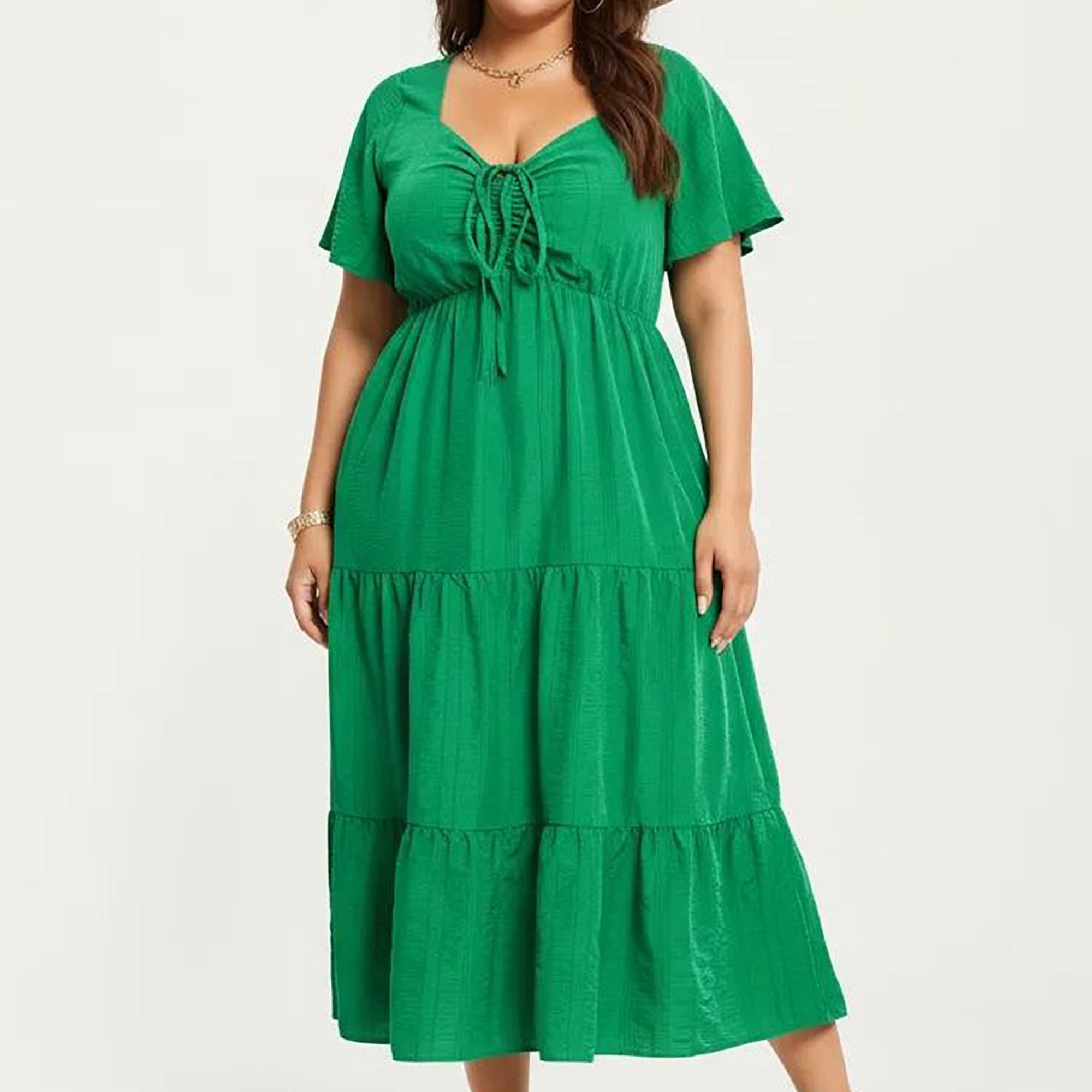 Anna-Kaci Women's Plus Size Short Sleeve V Neck Dress with Front Tie Detail Elastic Waist Tiered Maxi Skirt