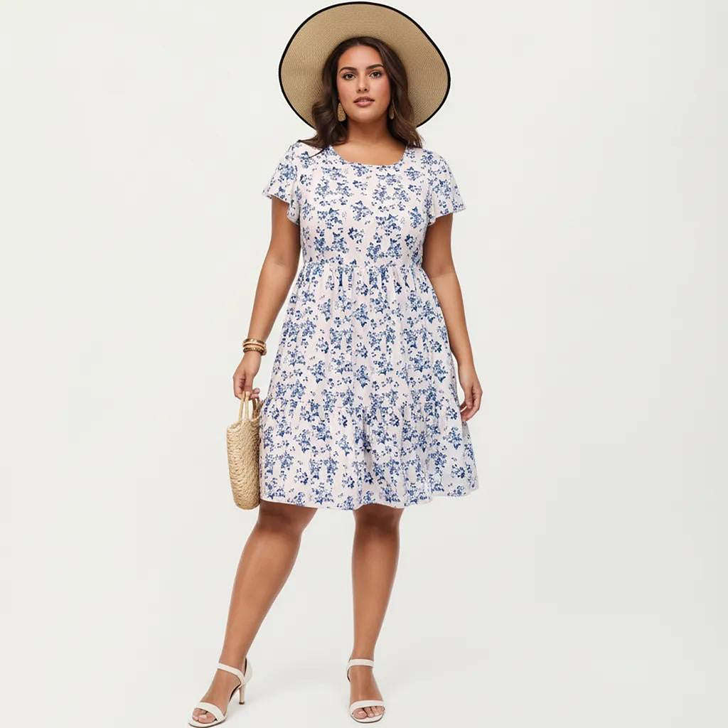 Anna-Kaci Women's Plus Size Short Sleeve Round Neck Floral Print Dress with Tiered Skirt Flowy Silhouette