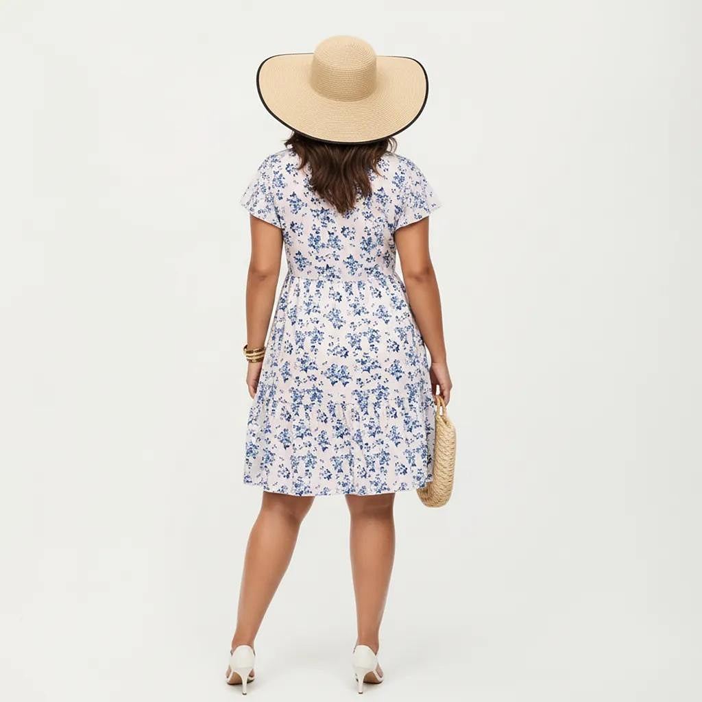 Anna-Kaci Women's Plus Size Short Sleeve Round Neck Floral Print Dress with Tiered Skirt Flowy Silhouette