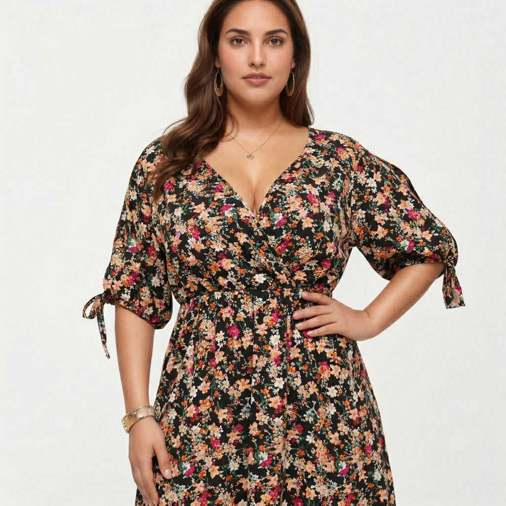 Anna-Kaci Women's Plus Size Short Sleeve V Neck Floral Wrap Dress with Adjustable Waist Tie Midi Length