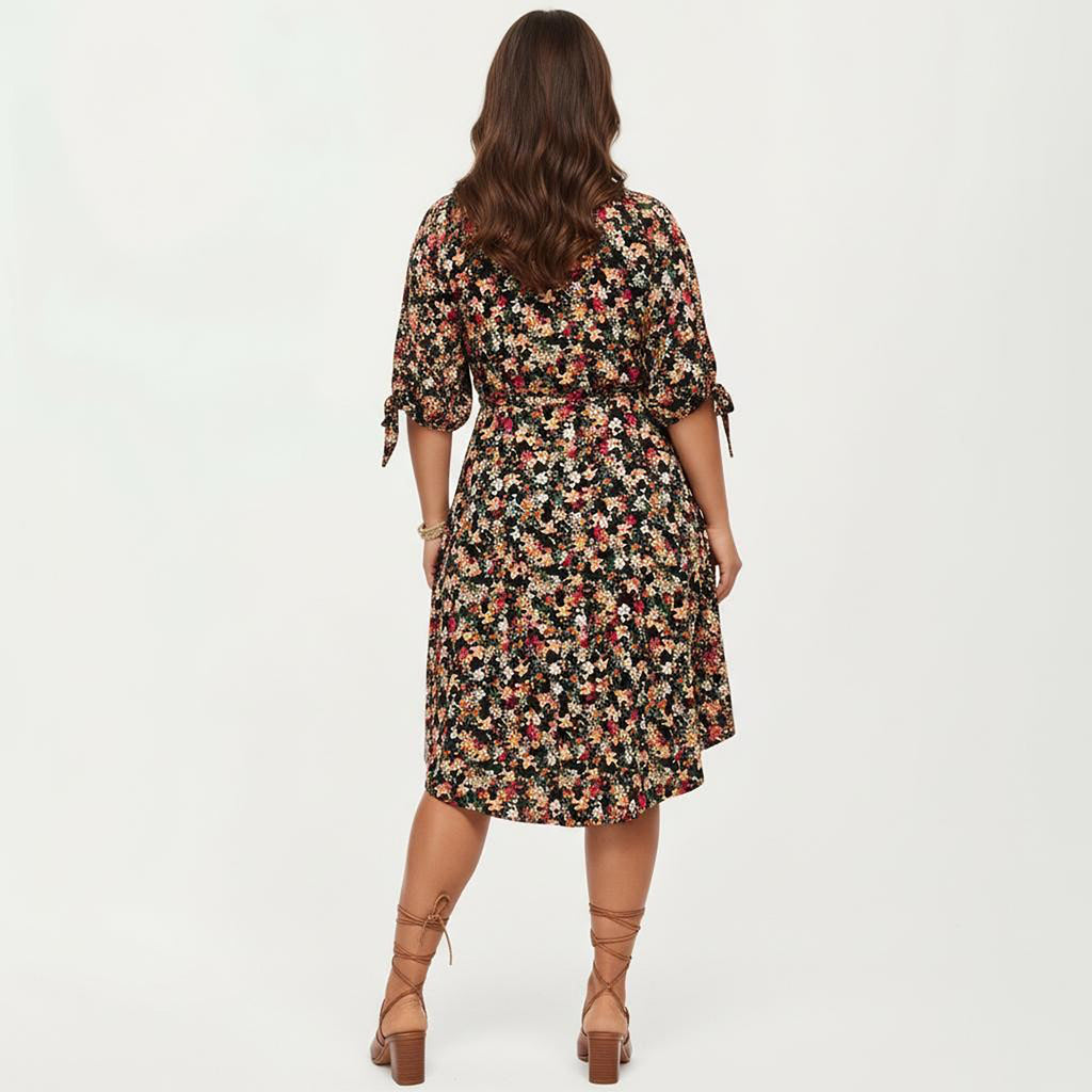 Anna-Kaci Women's Plus Size Short Sleeve V Neck Floral Wrap Dress with Adjustable Waist Tie Midi Length