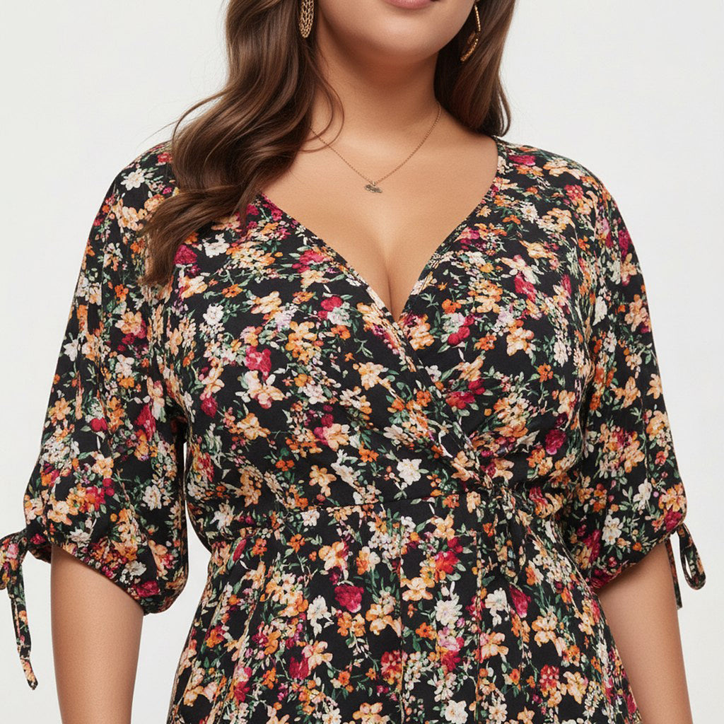 Anna-Kaci Women's Plus Size Short Sleeve V Neck Floral Wrap Dress with Adjustable Waist Tie Midi Length