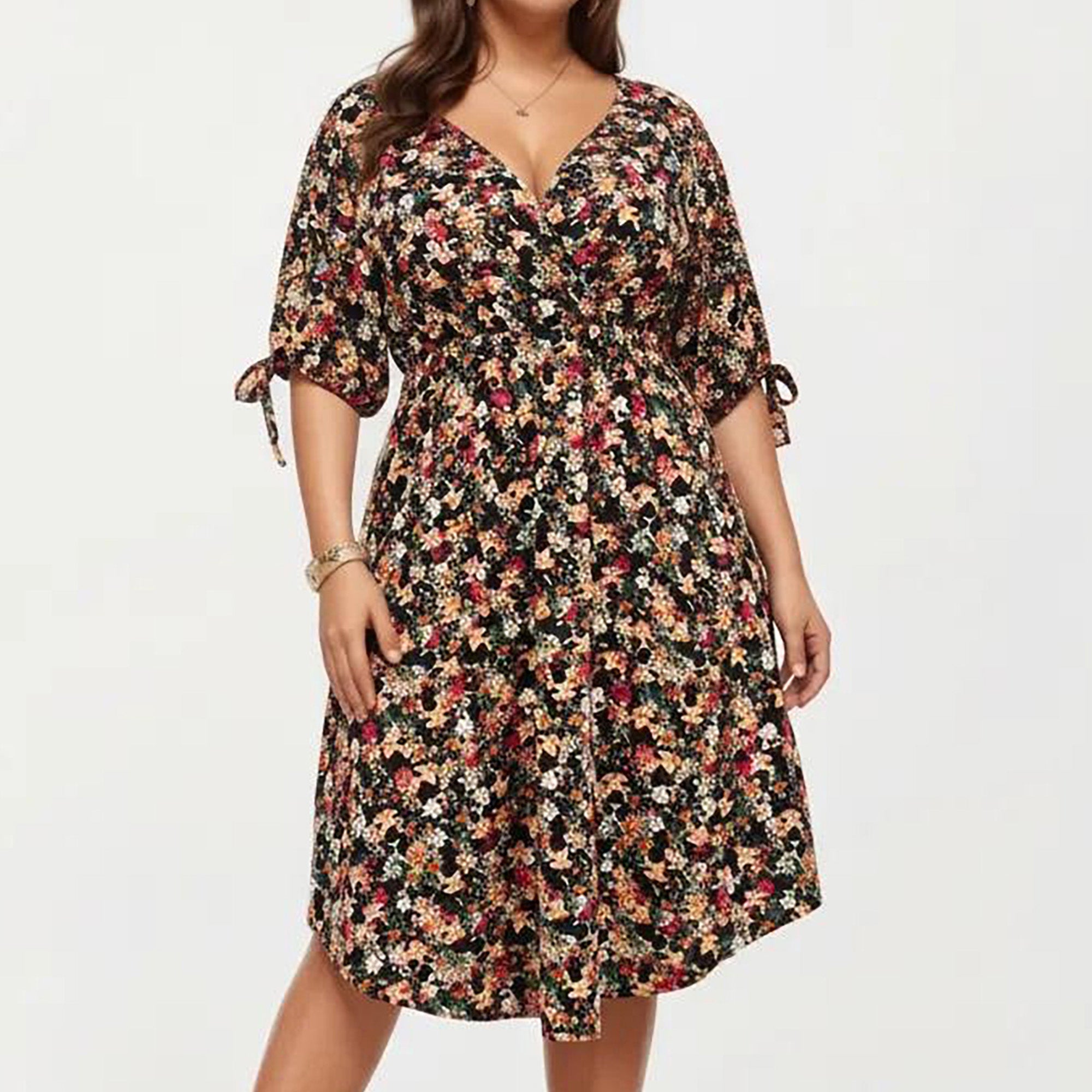 Anna-Kaci Women's Plus Size Short Sleeve V Neck Floral Wrap Dress with Adjustable Waist Tie Midi Length