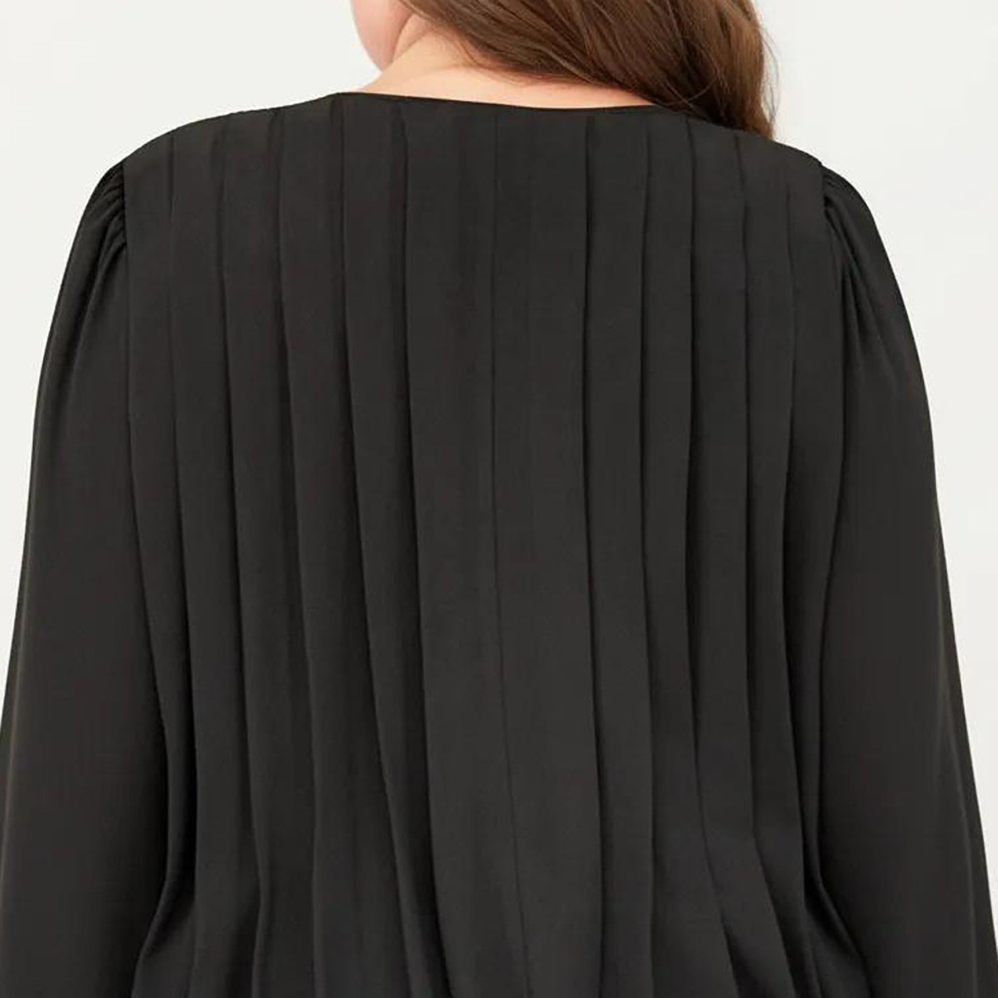 Anna-Kaci Women's Plus Size Long Sleeve Tie Neck Dress with Pleated Front Detail Loose Fit A Line Mini Dress