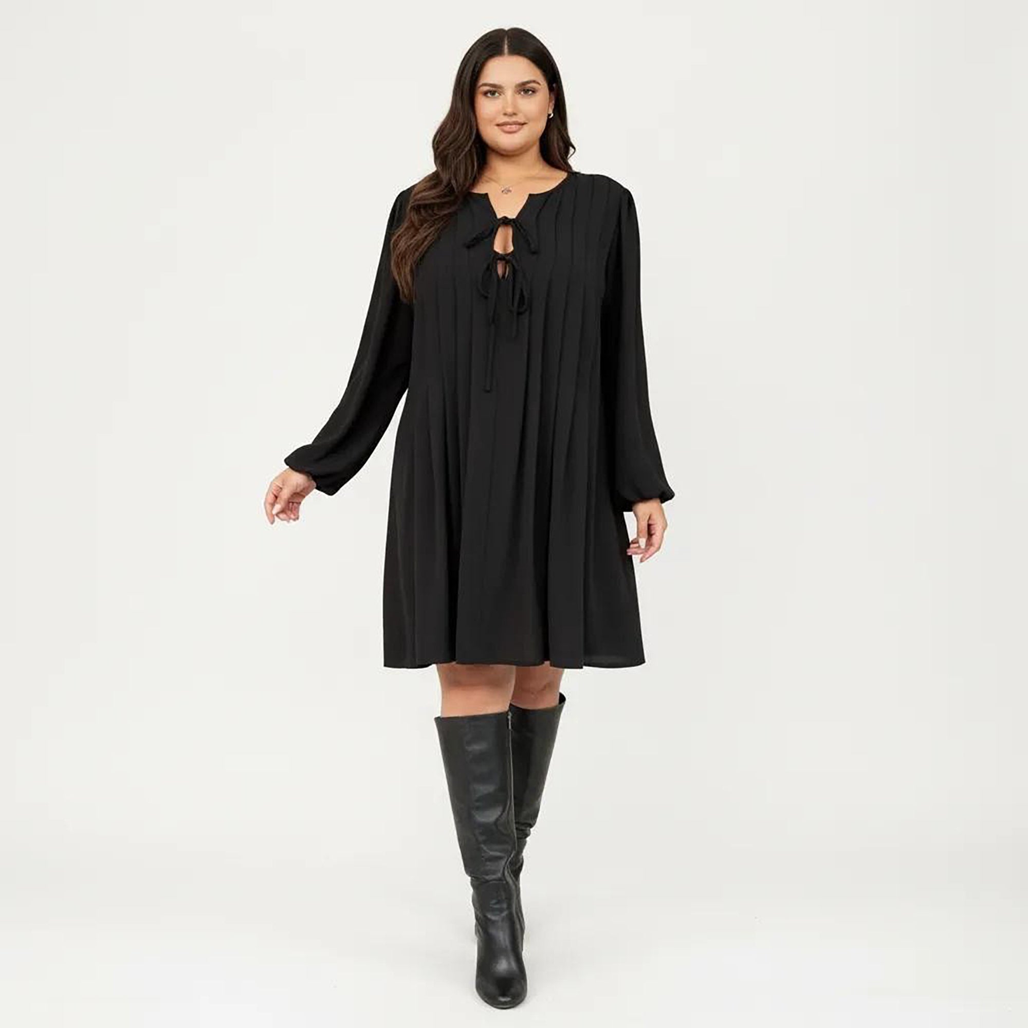Anna-Kaci Women's Plus Size Long Sleeve Tie Neck Dress with Pleated Front Detail Loose Fit A Line Mini Dress