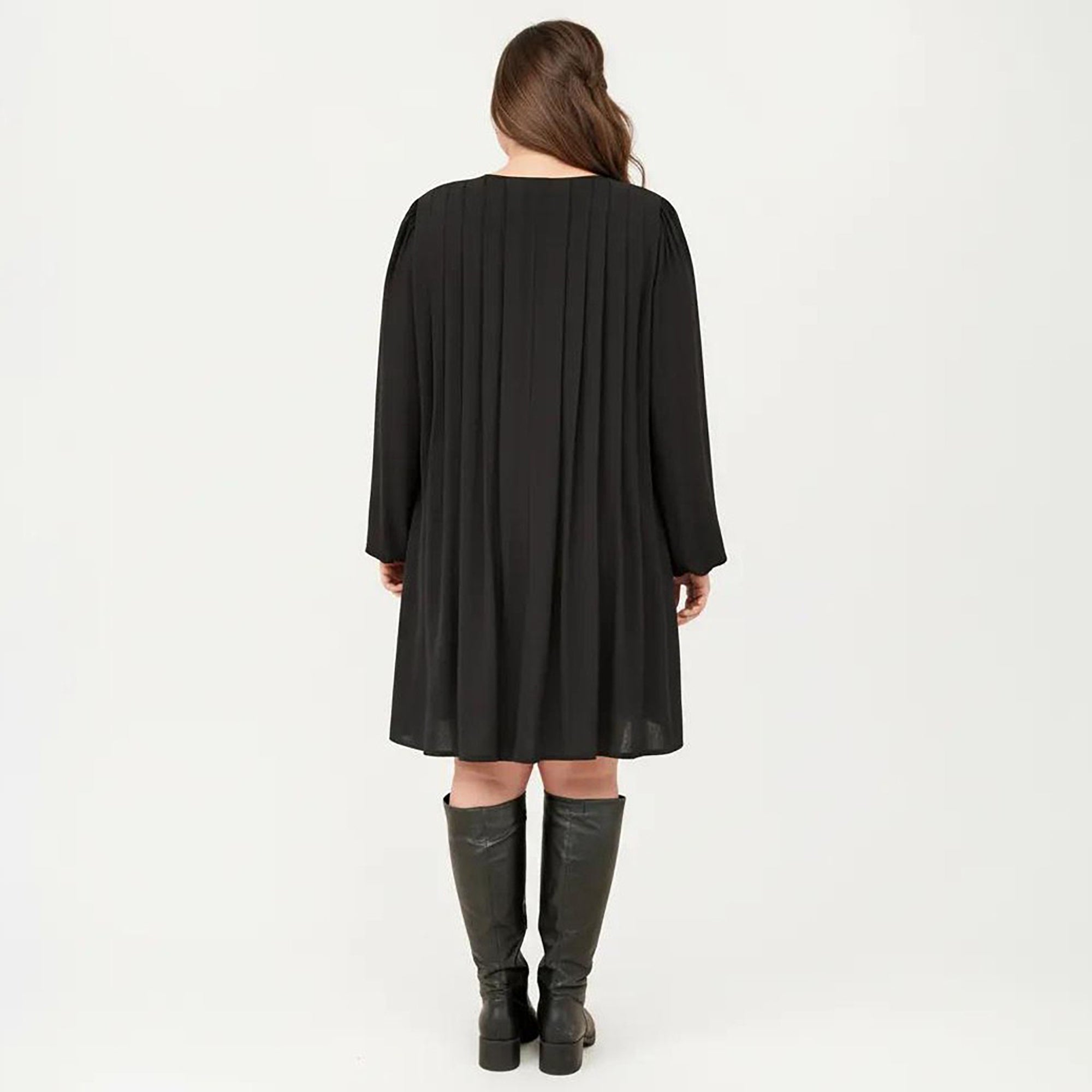 Anna-Kaci Women's Plus Size Long Sleeve Tie Neck Dress with Pleated Front Detail Loose Fit A Line Mini Dress