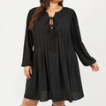 Anna-Kaci Women's Plus Size Long Sleeve Tie Neck Dress with Pleated Front Detail Loose Fit A Line Mini Dress