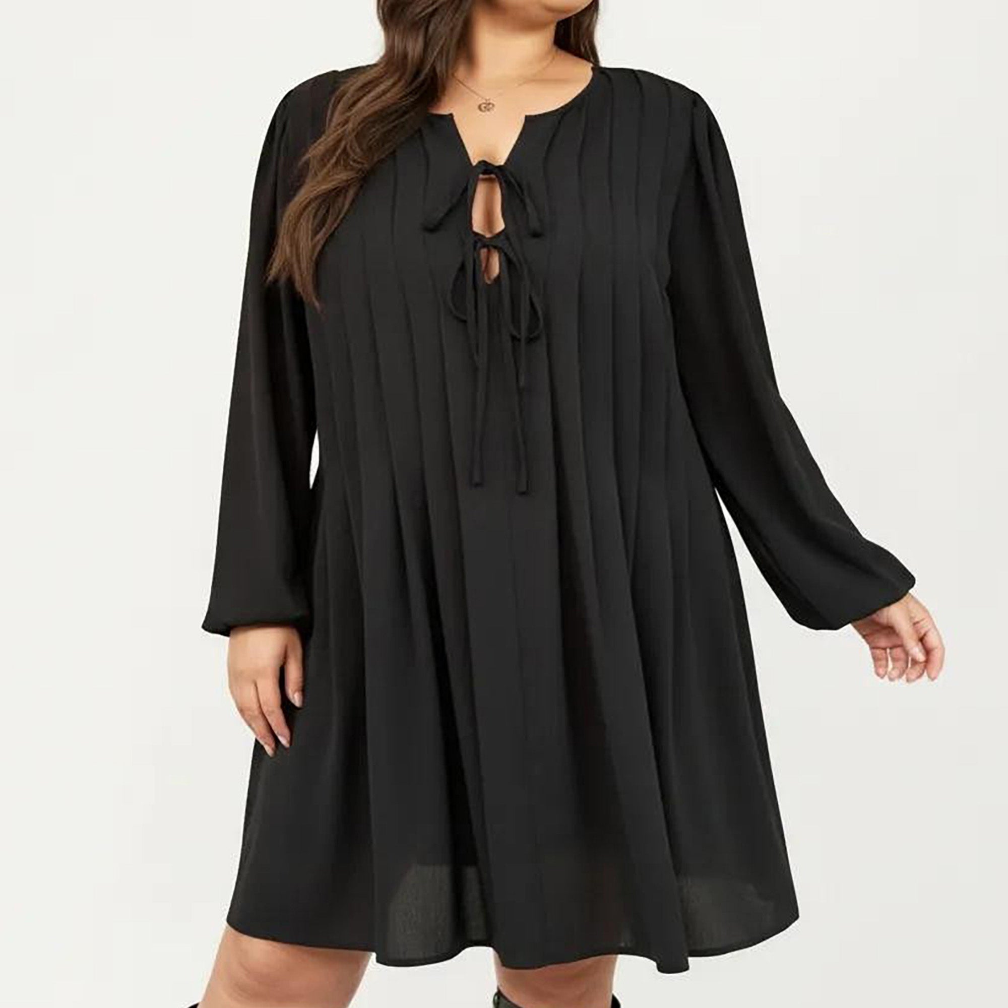 Anna-Kaci Women's Plus Size Long Sleeve Tie Neck Dress with Pleated Front Detail Loose Fit A Line Mini Dress