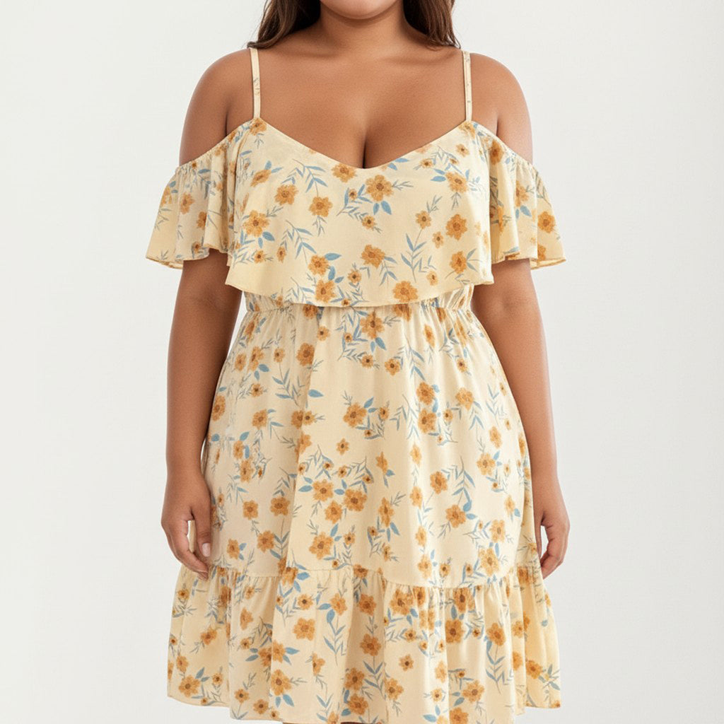 Anna-Kaci Women's Plus Size Cold Shoulder Floral Dress with Ruffle Overlay Elastic Waist Adjustable Straps