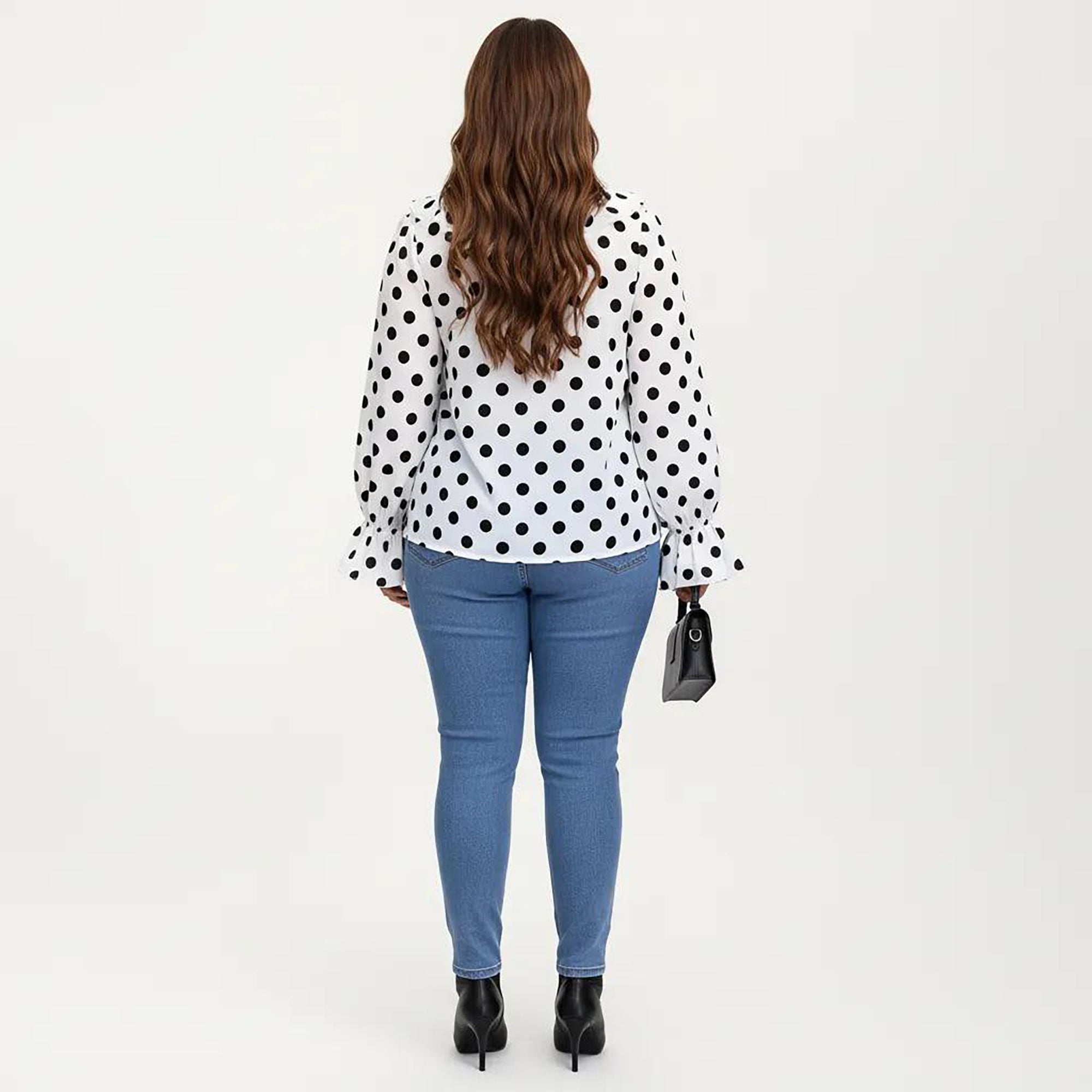 Anna-Kaci Women's Plus Size Long Sleeve Polka Dot Blouse with Ruffle Front Detail V Neck Lightweight Top