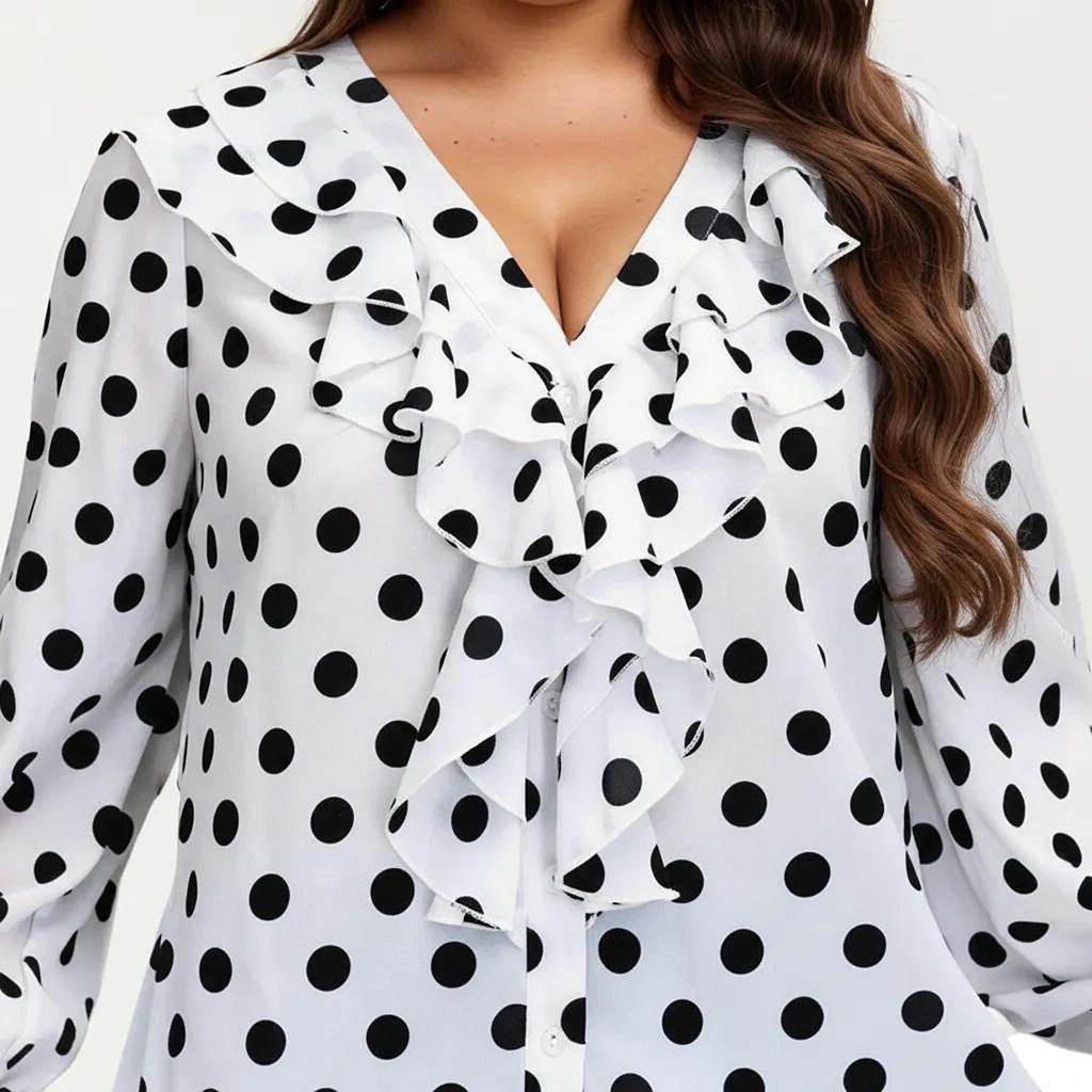 Anna-Kaci Women's Plus Size Long Sleeve Polka Dot Blouse with Ruffle Front Detail V Neck Lightweight Top
