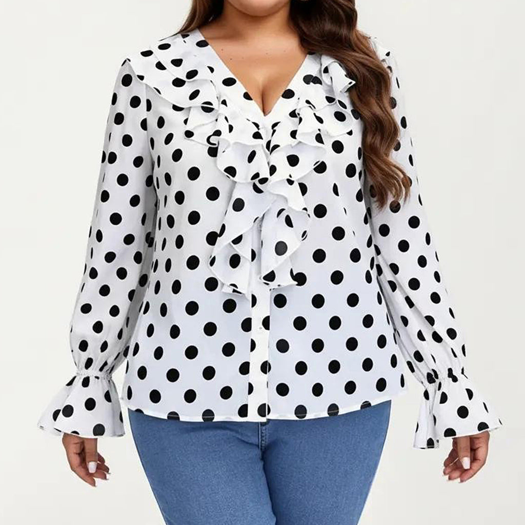 Anna-Kaci Women's Plus Size Long Sleeve Polka Dot Blouse with Ruffle Front Detail V Neck Lightweight Top