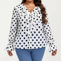 Anna-Kaci Women's Plus Size Long Sleeve Polka Dot Blouse with Ruffle Front Detail V Neck Lightweight Top