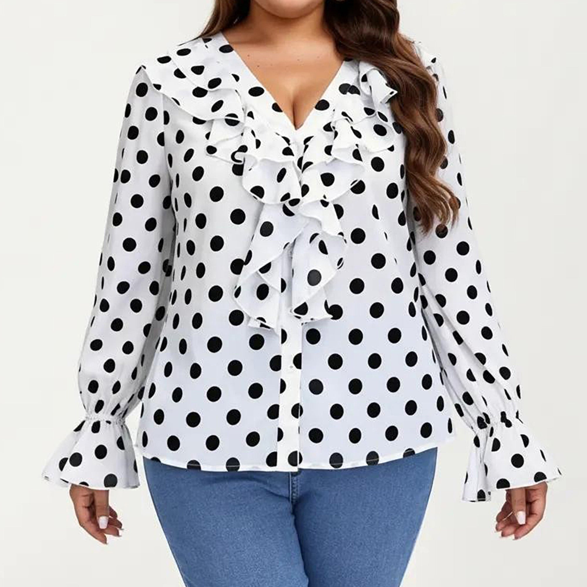 Anna-Kaci Women's Plus Size Long Sleeve Polka Dot Blouse with Ruffle Front Detail V Neck Lightweight Top