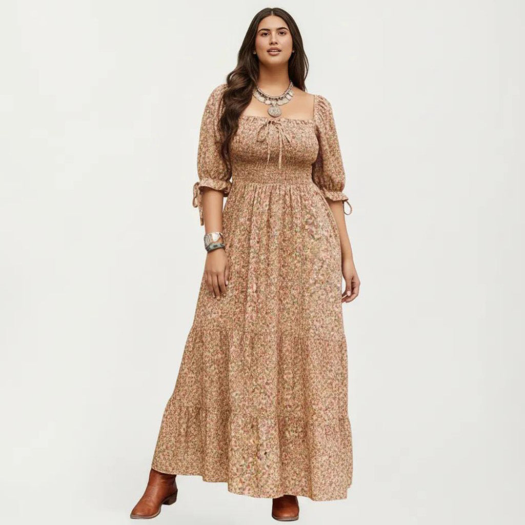 Anna-Kaci Women's Plus Size Square Neck Floral Maxi Dress with Smocked Bodice Puff Sleeve Tie Detail Skirt