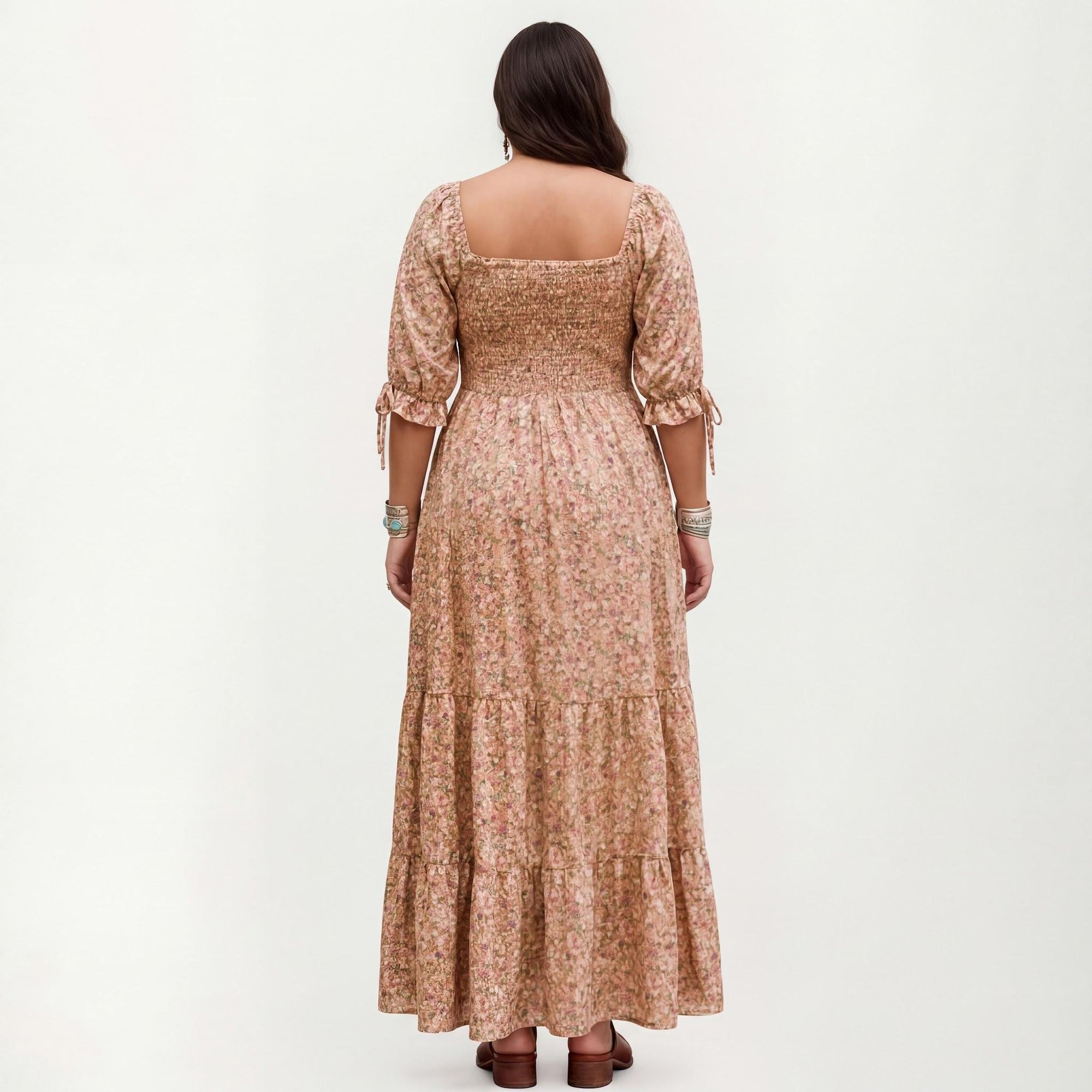 Anna-Kaci Women's Plus Size Square Neck Floral Maxi Dress with Smocked Bodice Puff Sleeve Tie Detail Skirt