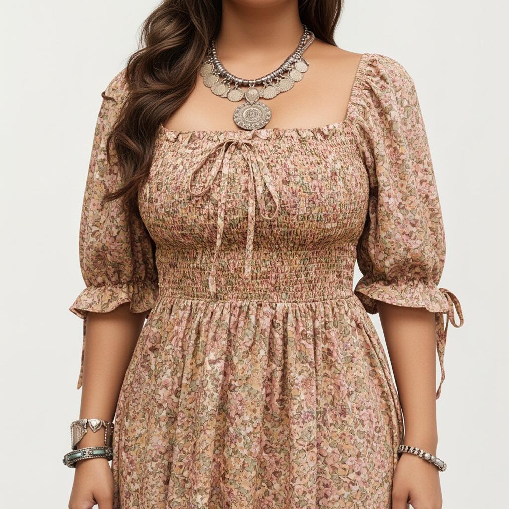 Anna-Kaci Women's Plus Size Square Neck Floral Maxi Dress with Smocked Bodice Puff Sleeve Tie Detail Skirt