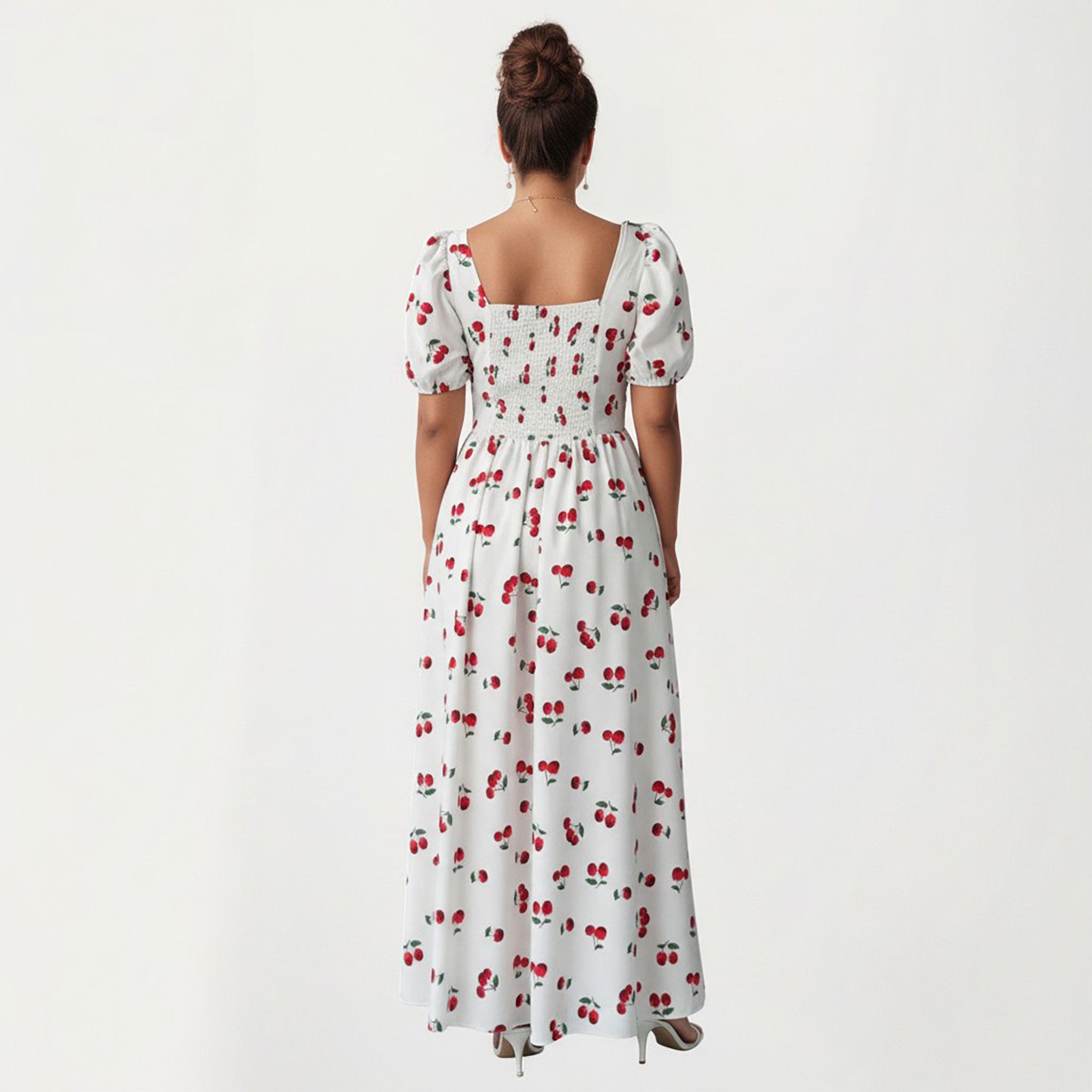Anna-Kaci Women's Plus Size Cherry Print Square Neck Maxi Dress with Puff Sleeves Flowy Skirt Side Slit Detail