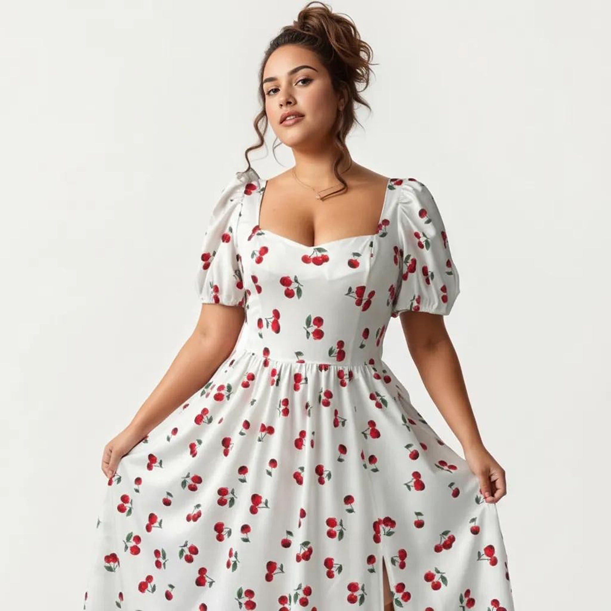 Anna-Kaci Women's Plus Size Cherry Print Square Neck Maxi Dress with Puff Sleeves Flowy Skirt Side Slit Detail
