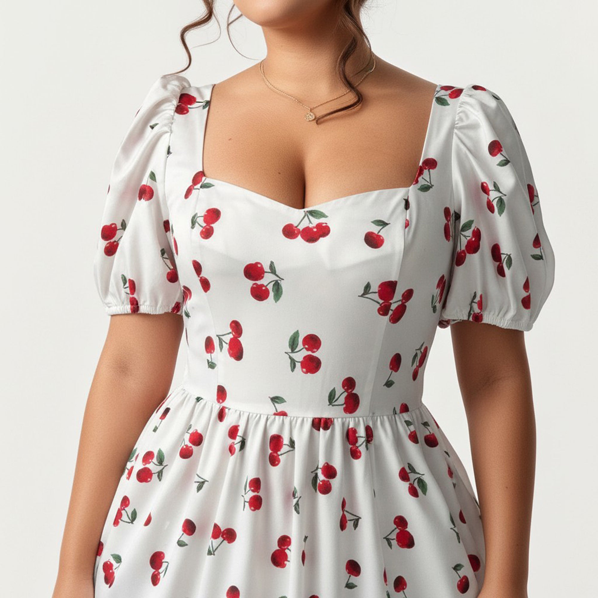 Anna-Kaci Women's Plus Size Cherry Print Square Neck Maxi Dress with Puff Sleeves Flowy Skirt Side Slit Detail