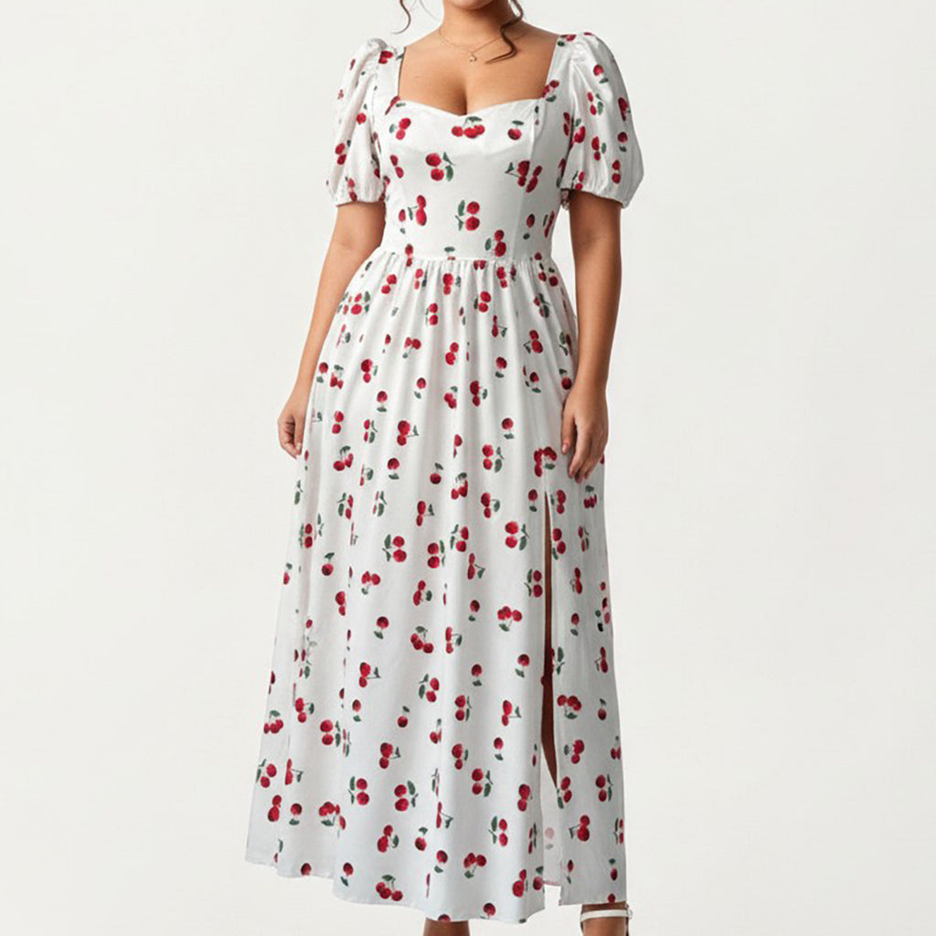 Anna-Kaci Women's Plus Size Cherry Print Square Neck Maxi Dress with Puff Sleeves Flowy Skirt Side Slit Detail