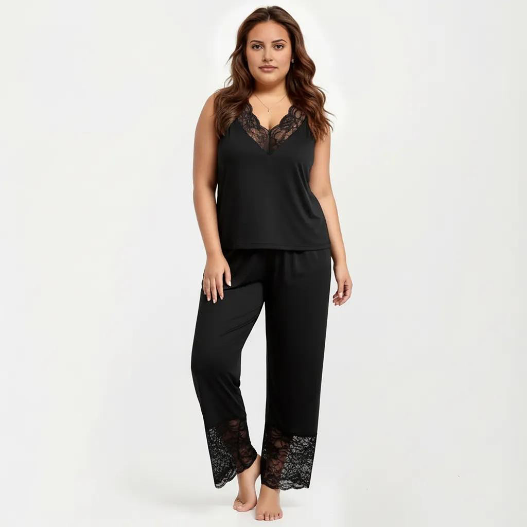 Anna-Kaci Women's Plus Size 2-Piece Set Lace Trim Camisole Top and Pants Matching Lounge Set Sleeveless V Neck