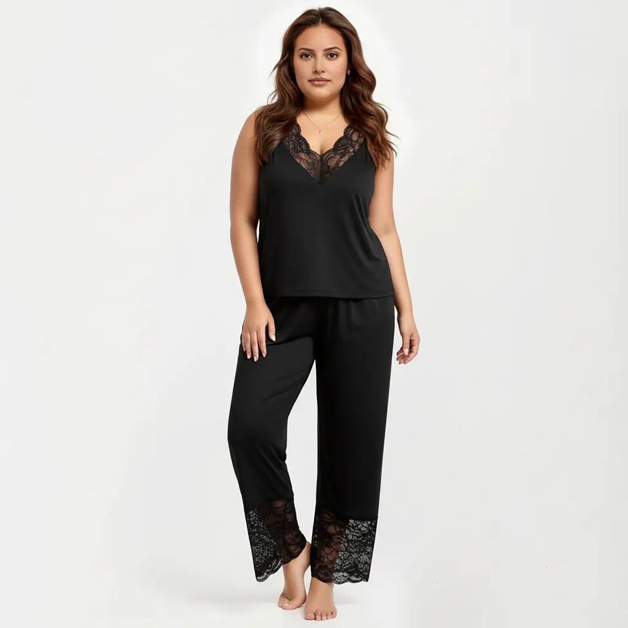 Anna-Kaci Women's Plus Size 2-Piece Set Lace Trim Camisole Top and Pants Matching Lounge Set Sleeveless V Neck