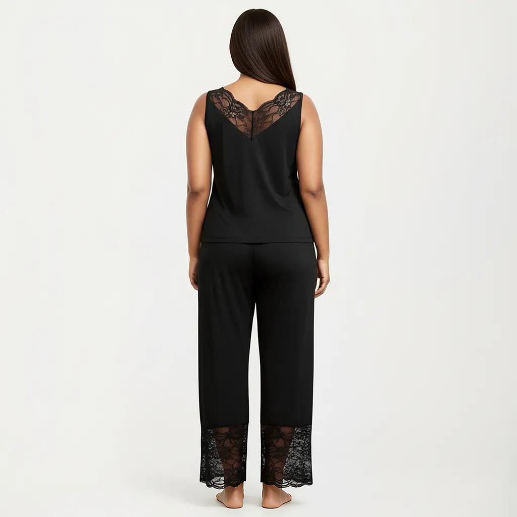 Anna-Kaci Women's Plus Size 2-Piece Set Lace Trim Camisole Top and Pants Matching Lounge Set Sleeveless V Neck