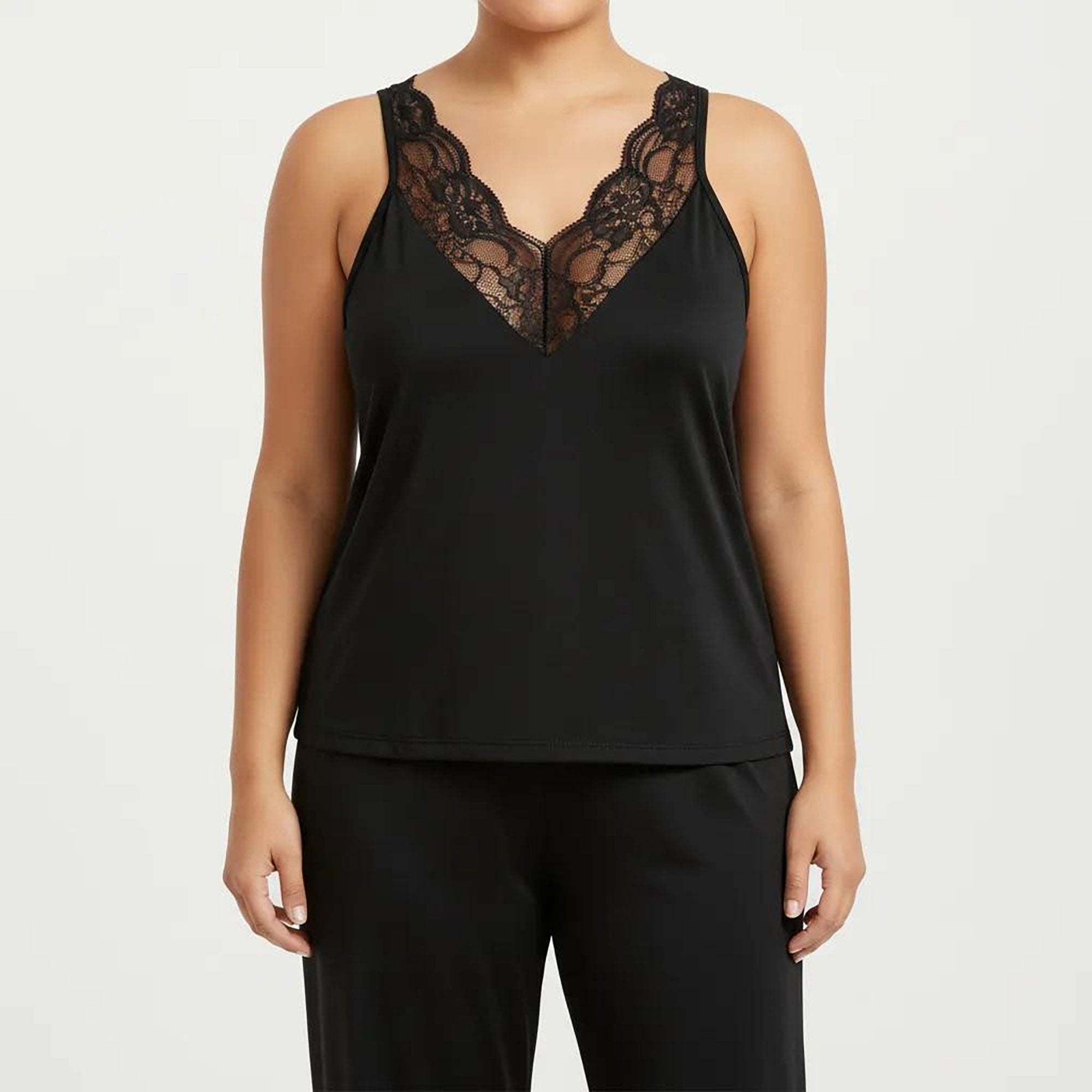 Anna-Kaci Women's Plus Size 2-Piece Set Lace Trim Camisole Top and Pants Matching Lounge Set Sleeveless V Neck
