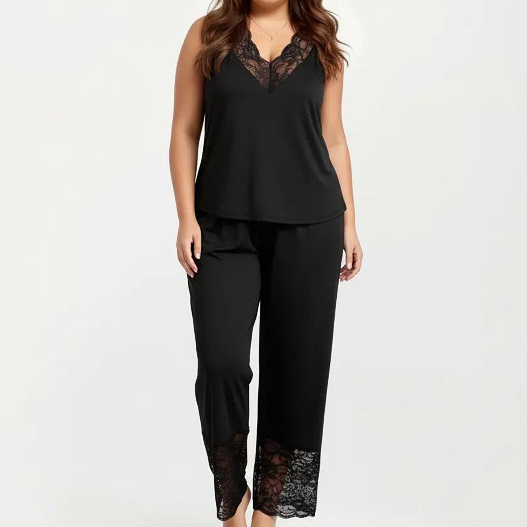 Anna-Kaci Women's Plus Size 2-Piece Set Lace Trim Camisole Top and Pants Matching Lounge Set Sleeveless V Neck
