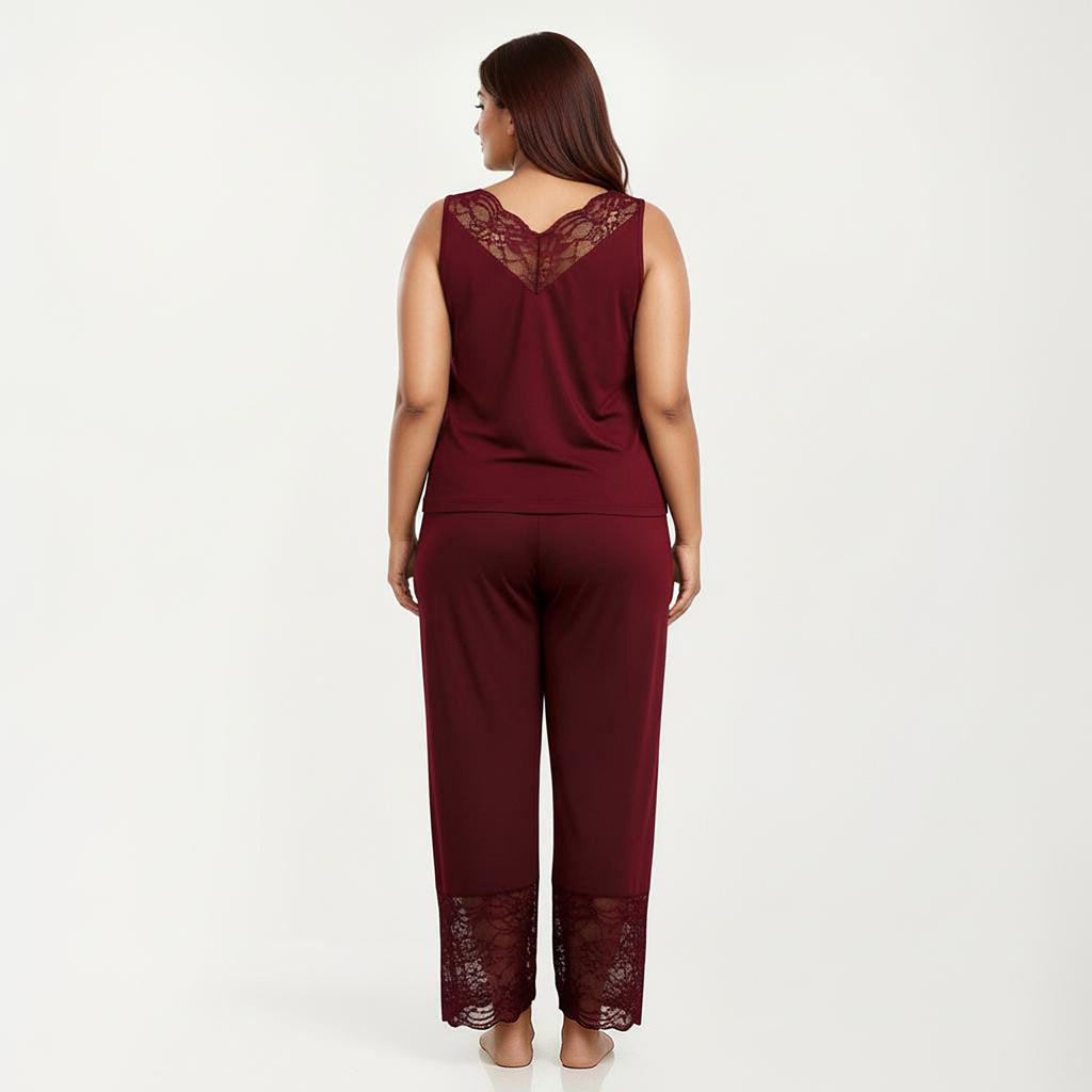 Anna-Kaci Women's Plus Size 2-Piece Set Lace Trim Camisole Top and Pants Matching Lounge Set Sleeveless V Neck