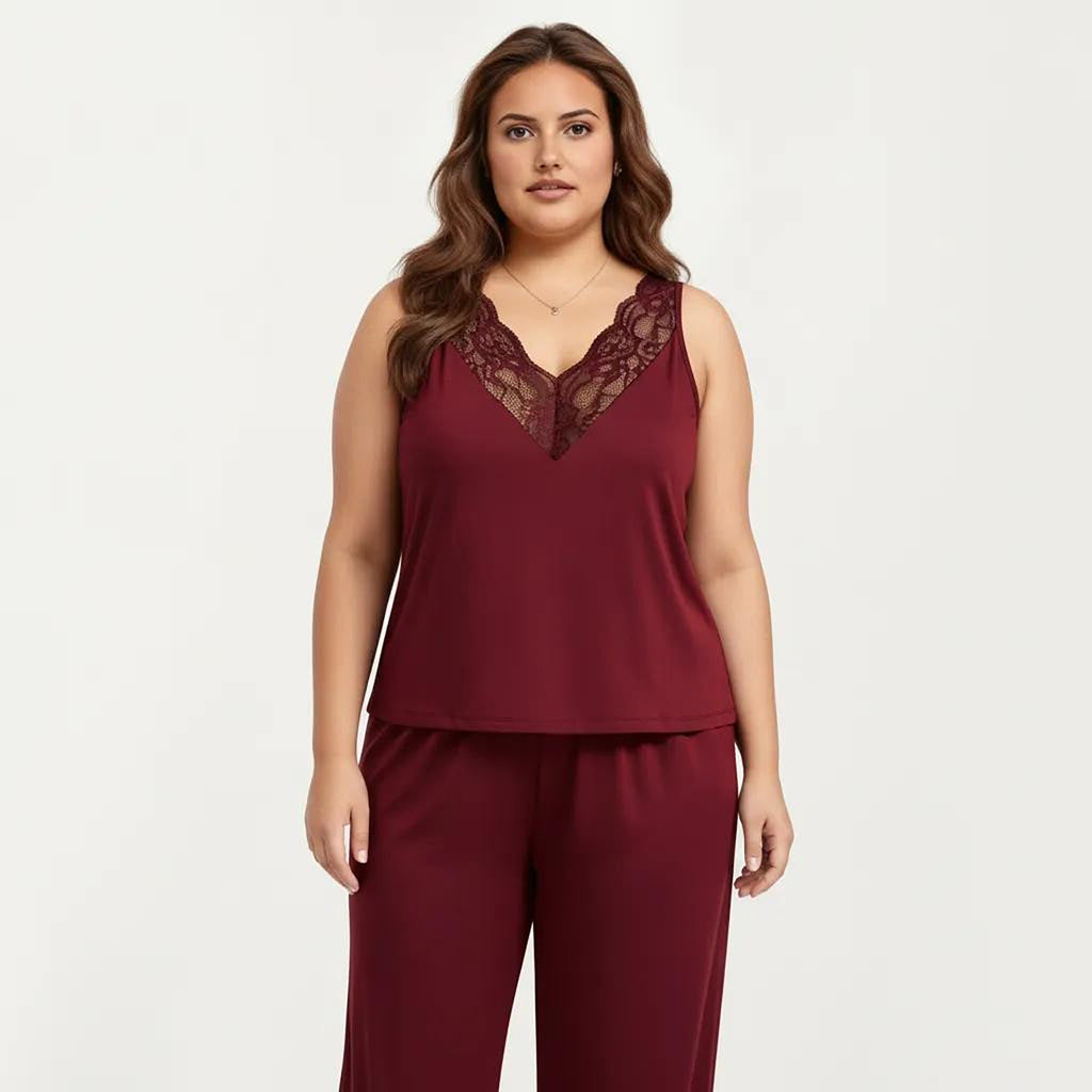 Anna-Kaci Women's Plus Size 2-Piece Set Lace Trim Camisole Top and Pants Matching Lounge Set Sleeveless V Neck